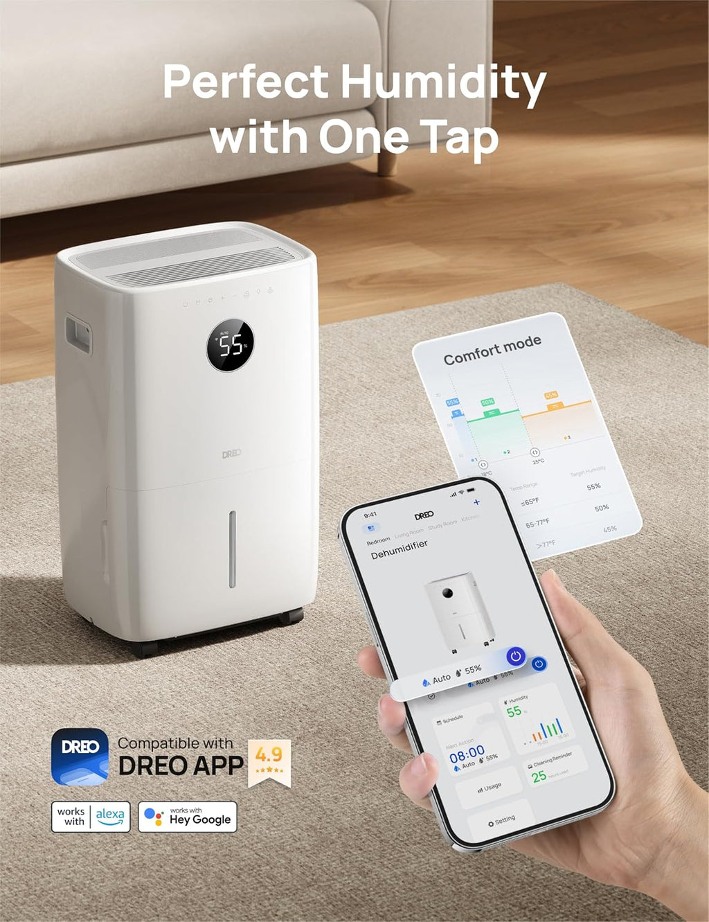 DREO 110-Pint Smart Dehumidifier for Basement, 4500 Ft² for Large Room, 2 Gallon Water Tank, Auto/Comfort/Constant Mode Dehumidifiers for Home, Bedroom, Bathroom, with Drain Hose, White, 711S
