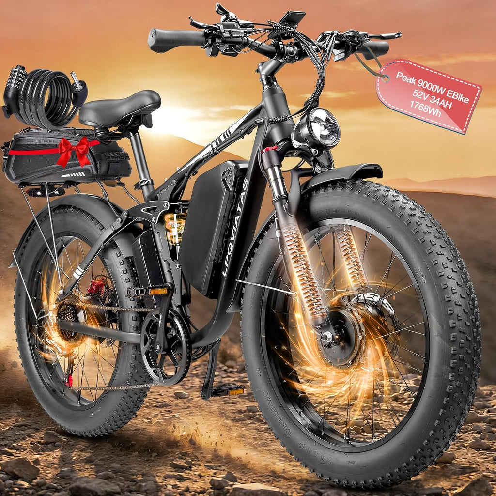 Peak-9000W-Dual-Motor-Electric-Bike for Adults, 52V 34AH Battery Up To 105 Miles, 42-46M PH Fast-Dual-Motor-Ebike,24'*4' Full-Suspension-Women-Men-Fat-Tire-Electric-Bicycle for Mountain Snow Off-Road
