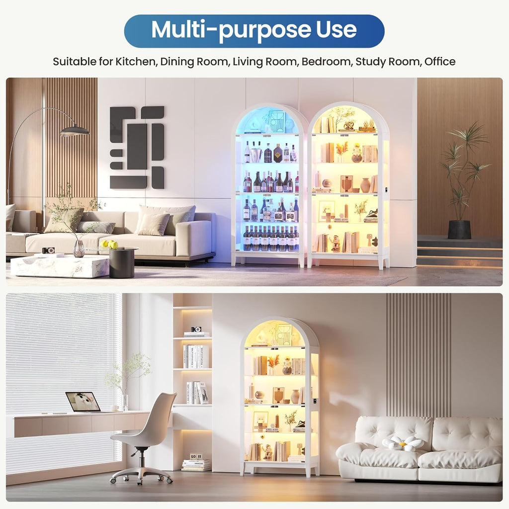 Lvifur Display Cabinet with - Glass Doors,Arched Curio Cabinet with RGB Lights for Collectibles,5-Tiers Tall Display Case with Human Sensor,Showcase Cabinet with Glass Shelf for Living Room (White)
