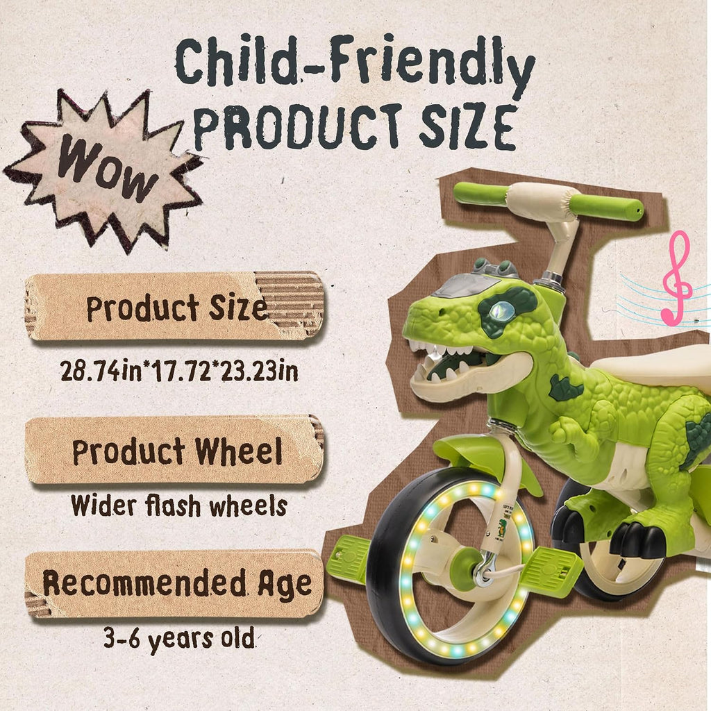 Dinosaur Kids Tricycle for Rider, Toddlers Kid Trike Bike Big Wheel with EVA Wide Flash Wheels, Anti-Slip Pedals, Storage Basket, Music & LED Lights, Kids Bike for 3-6 Year Old Girls & Boys (Green)
