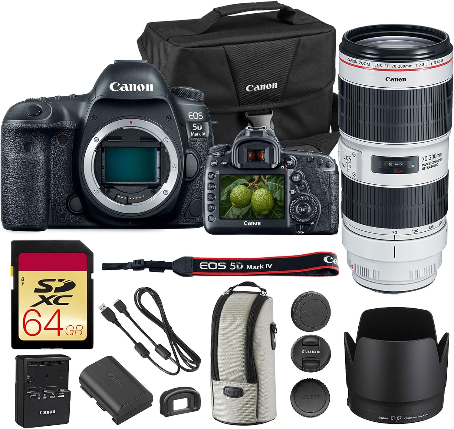 Canon EOS 5D Mark IV DSLR Camera 30.4MP Full Frame with 4K Video, Dual Pixel AF, Wi-Fi, GPS | Pro Photography Camera for Portraits, Landscapes, and Video + Canon EF 70-200mm f/2.8L Lens + Bag + More