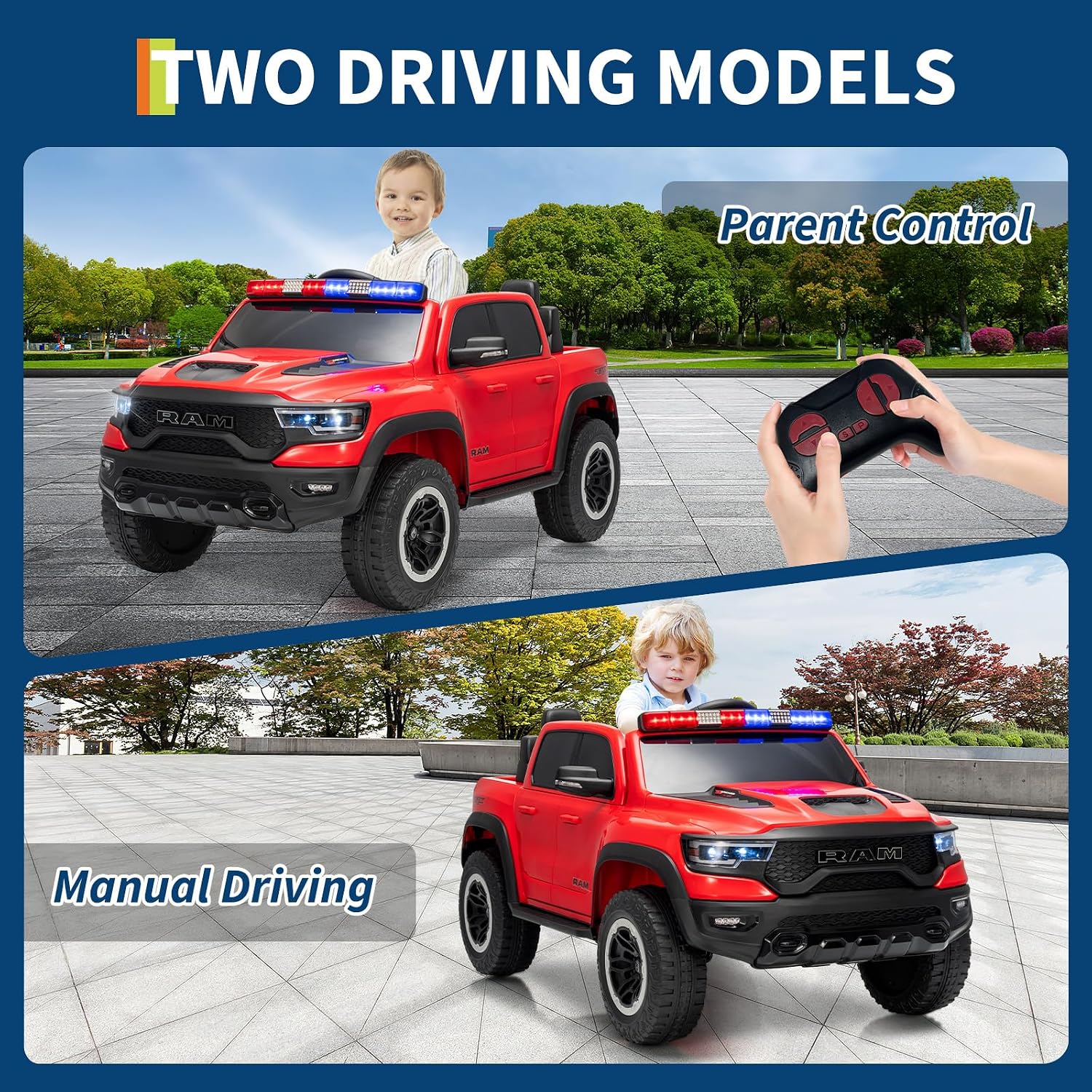 Garvee Ride On Car, Licensed RAM 12V Kids Ride On Police Car with Remote Control, Electric Pickup Truck for Toddlers, 3 Speeds, Spring Suspension, LED Lights & Parent Safety Lock