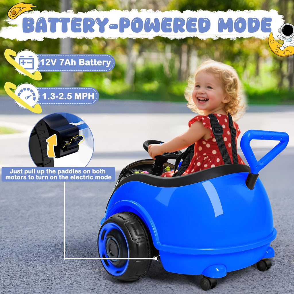 ANPABO 3-in-1 Electric Push Ride On Car, 12V Kids Ride On Toy w/Remote Control, 360° Spin, LED Display, 5-Point Safety Belt, Colorful LED Light, Music Player, Push Car for Toddler Ages 1-3 (Blue)