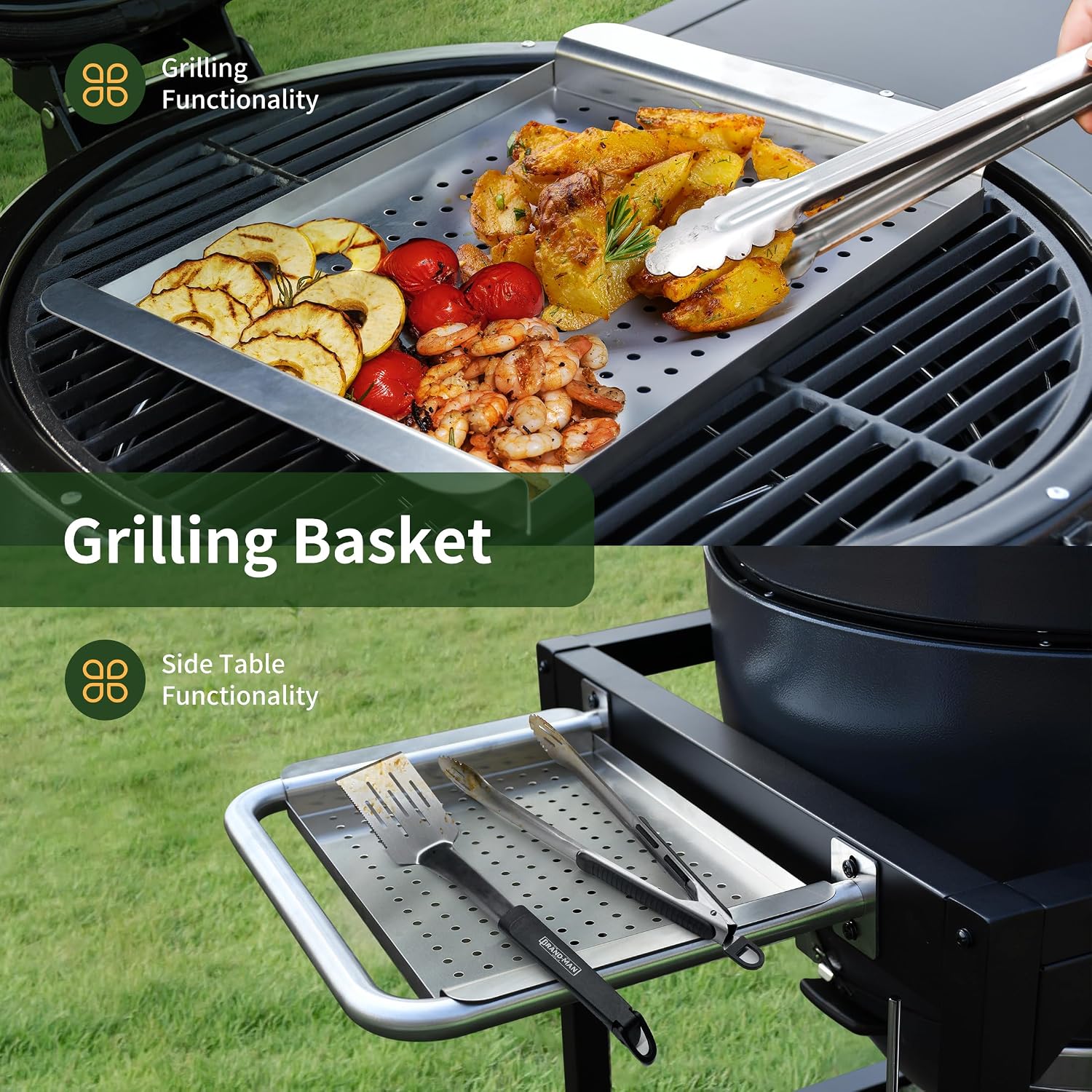 Brand-Man Charcoal Grill & Smoker Steel Kamado - 22' Cast Iron Grates, Grilling Basket, Large Prep Table Cart, Ideal for Outdoor Cooking