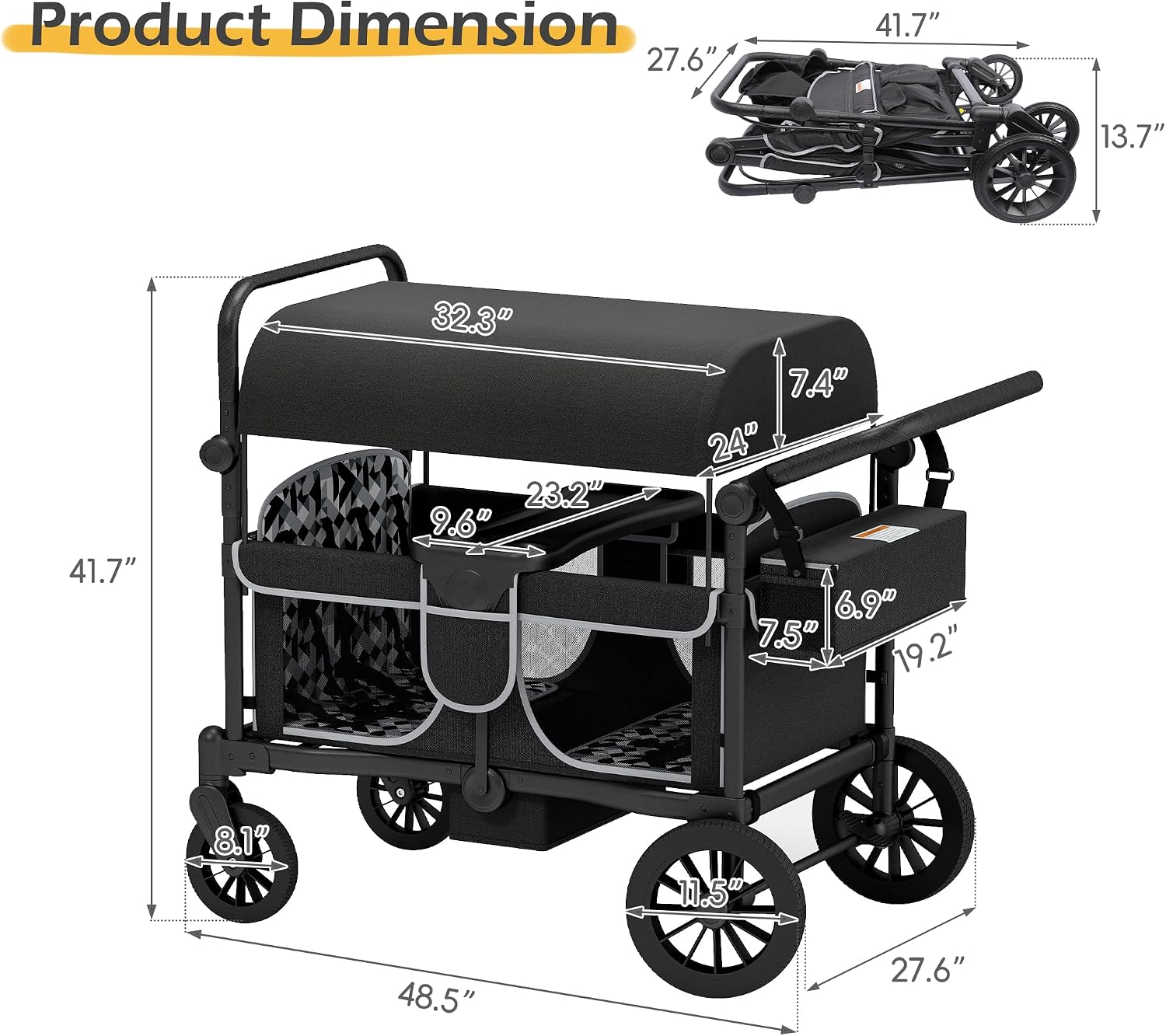 TOLEAD Wagon Stroller for 4 Kids, Foldable 4 Seats Outdoor Stroller Wagon with Canopy, Adjustable Handlebars, 5-Point Safety Harness, Detachable Tray, Portable Bag (Black)