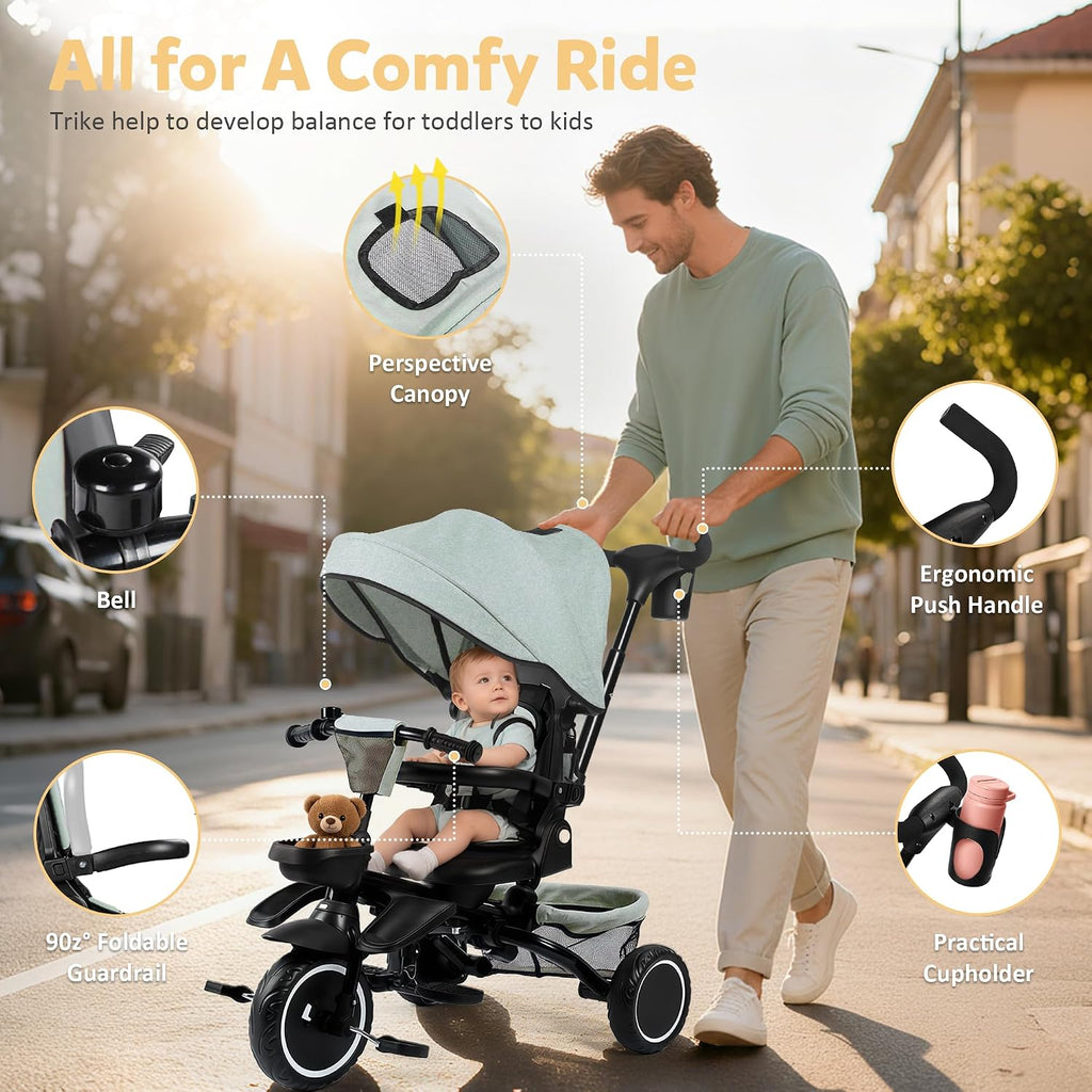 TODEFULL Folding Kids Tricycle, 8 in 1 Toddler Trike W/Removable & Adjustable Canopy, Parent Handle, 5-Piont Harness, Toddler Bike Tricycle for Kids 1-6 Years, EVA Wheels, Storage Basket, Green