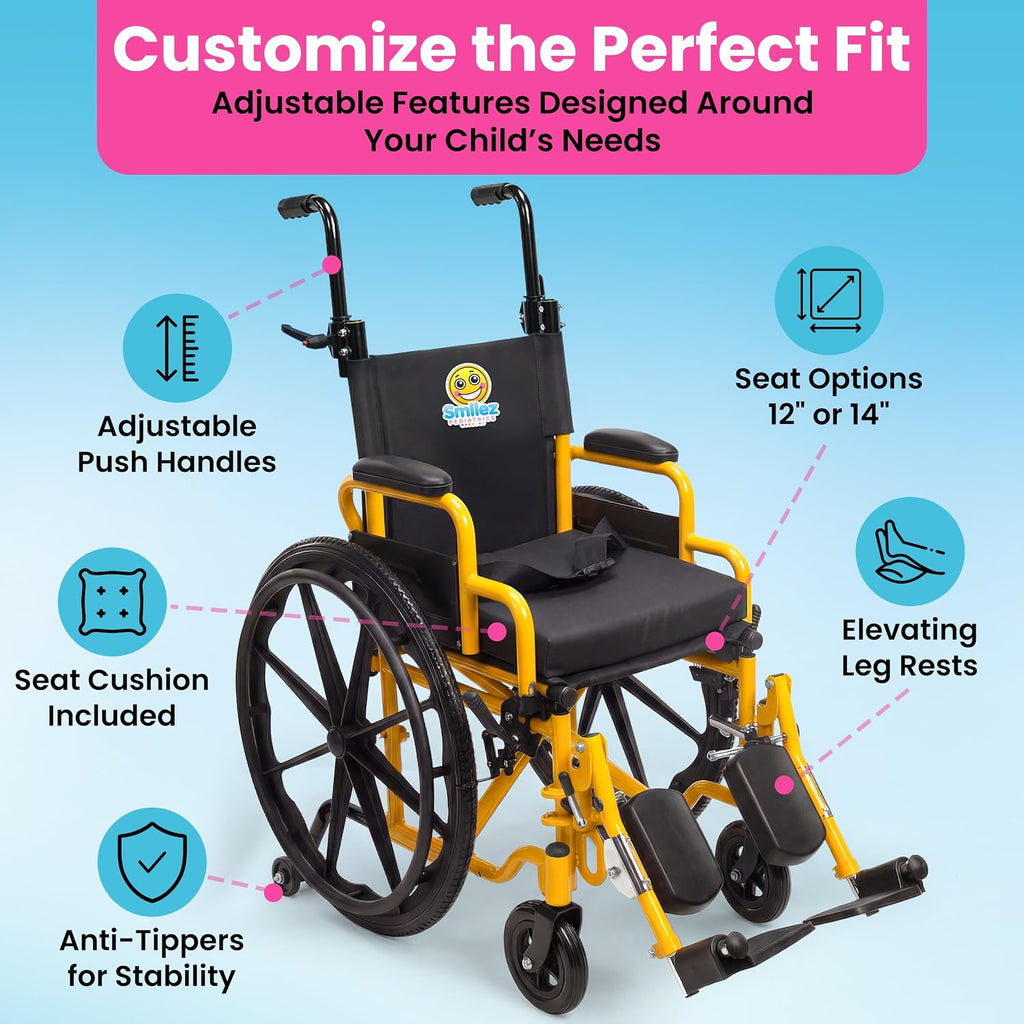 Customize Your Pediatric Wheelchair - 12' or 14' Foldable Narrow Wheelchair for Kids - Fun Colors, Cushion, Seat Belt, Anti Tippers, Padded Arm and Leg Rests, Height Adjustable Push Handles