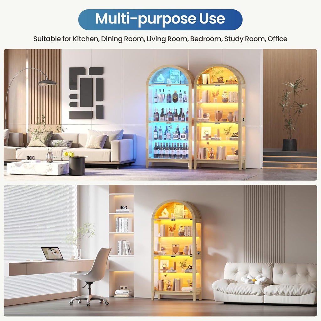Lvifur Display Cabinet with - Glass Doors,Arched Curio Cabinet with RGB Lights for Collectibles,5-Tiers Tall Display Case with Human Sensor,Showcase Cabinet with Glass Shelf for Living Room (Natural)