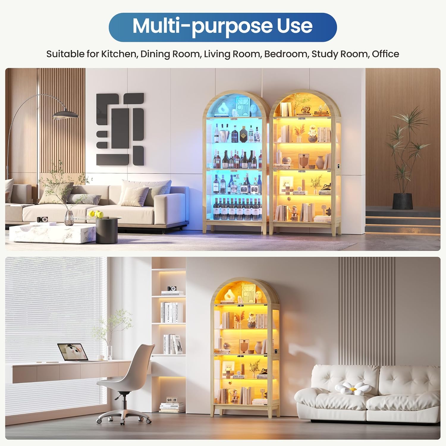 Lvifur Display Cabinet with - Glass Doors,Arched Curio Cabinet with RGB Lights for Collectibles,5-Tiers Tall Display Case with Human Sensor,Showcase Cabinet with Glass Shelf for Living Room (Natural)
