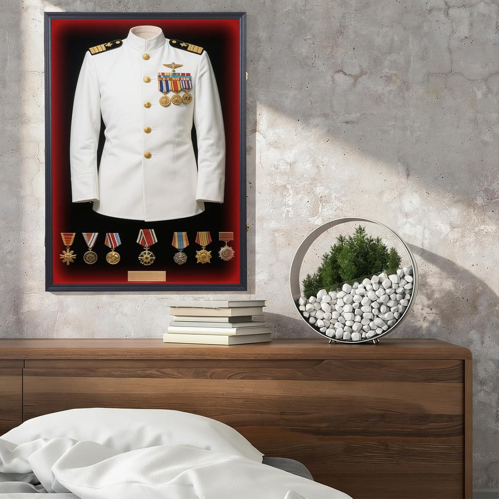 Military Uniform Shadow Box with LED, Police Uniform Display Frame 7 Colors 2 Models with Hanger and Lock for Military Uniforms, Jerseys, Hanging Badges and Medals Flag 35.82'x25.59'x2'