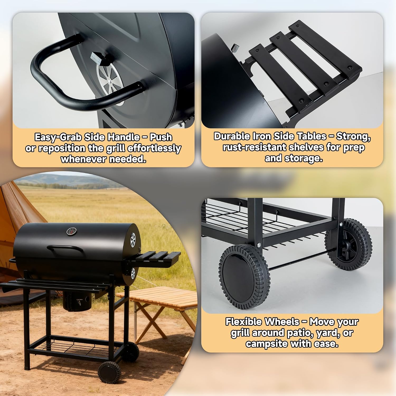 Charcoal Grill with Lid, 27' Outdoor BBQ Grill with Thermometer, Side Shelves, Wheels & Ash Catcher, Large Barrel Charcoal Smoker for Backyard, Camping & Outdoor Cooking