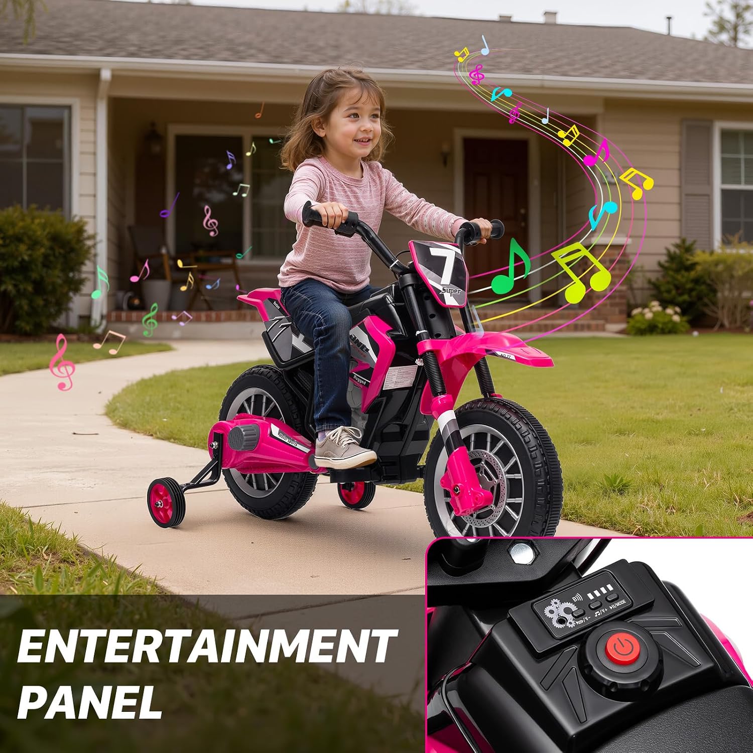 12V Kids Motorcycle w/Treaded Tires, 3.1mph Top Speed Electric Bike for Kids, Training Wheels, Music & Bluetooth, Spring Suspension, Age 3-8 Year Old, Pink
