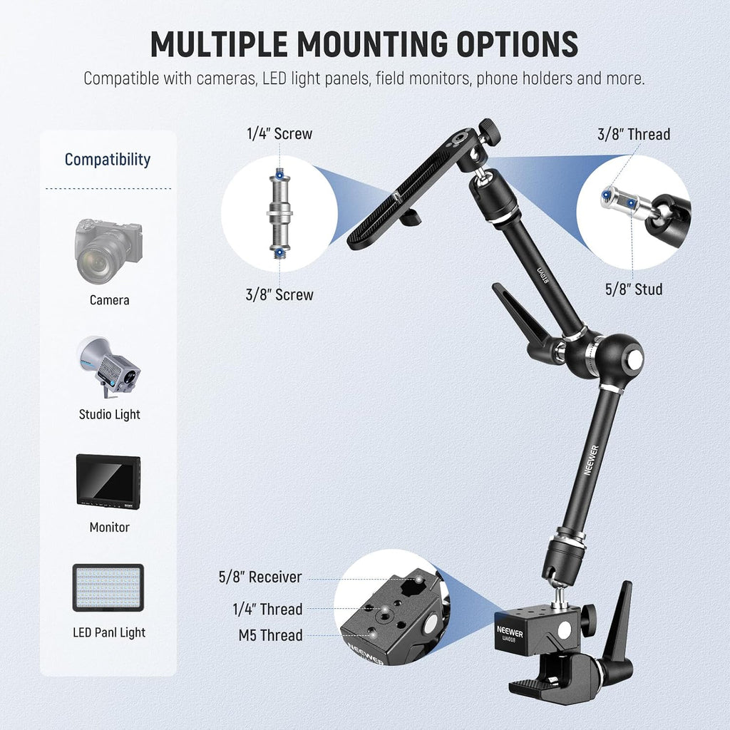 NEEWER 21' Magic Arm Camera Mount with Super Clamp, Overhead Desk Mount with 360° Dual Ball Head, 1/4' 3/8' 5/8' Stud Adapter for PA073 PA074 Phone Cage Rig DSLR Camera Monitor Video Light, UA018