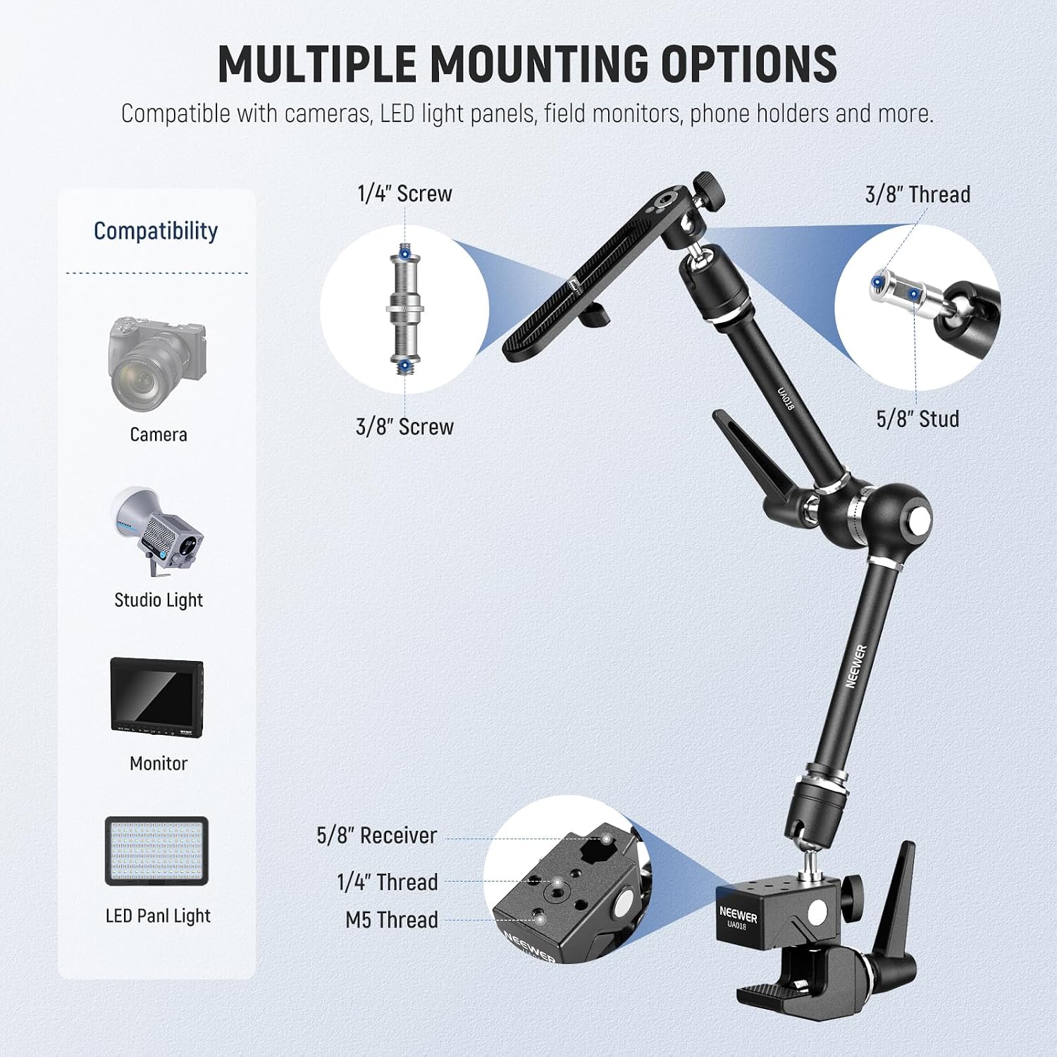 NEEWER 21' Magic Arm Camera Mount with Super Clamp, Overhead Desk Mount with 360° Dual Ball Head, 1/4' 3/8' 5/8' Stud Adapter for PA073 PA074 Phone Cage Rig DSLR Camera Monitor Video Light, UA018