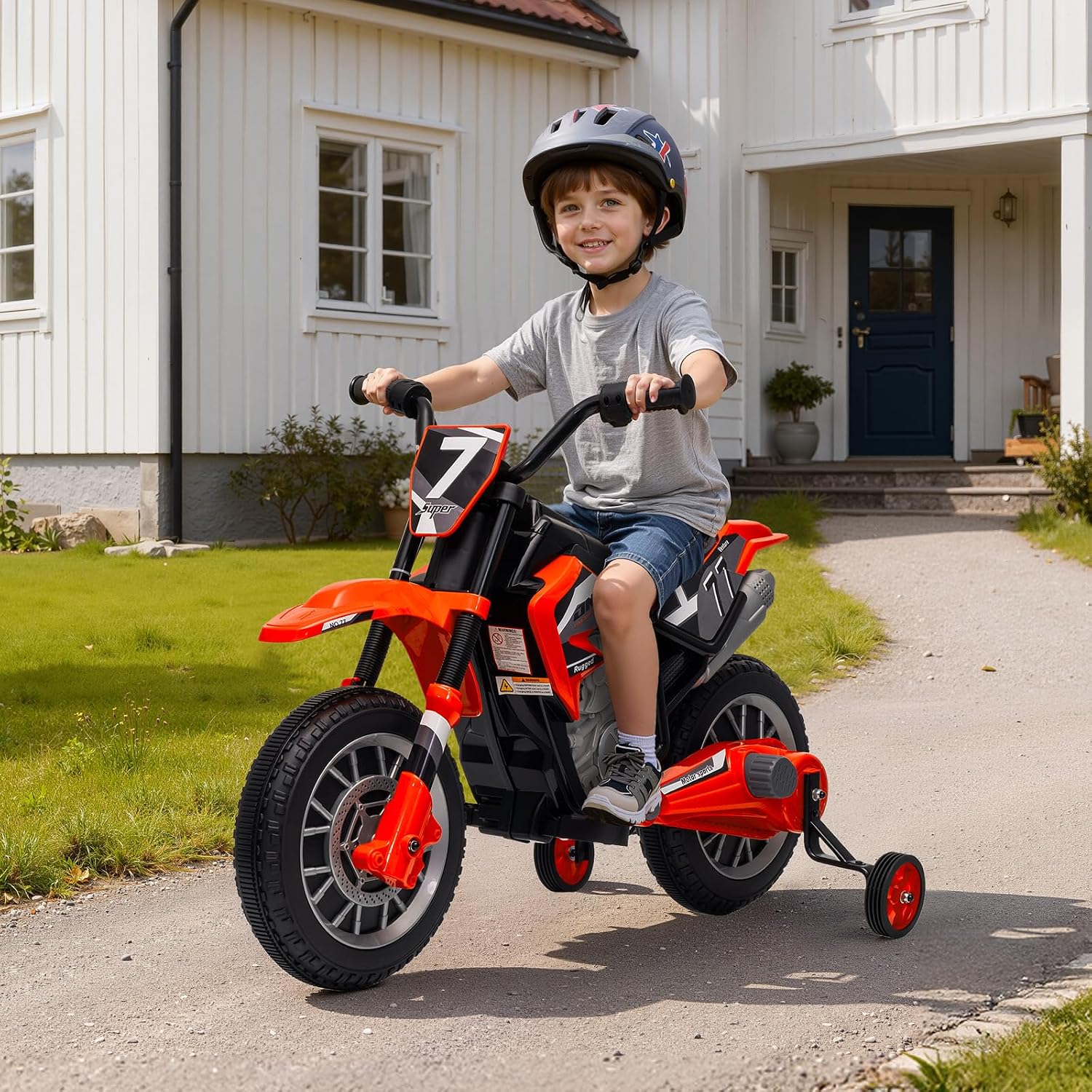 12V Kids Motorcycle w/Treaded Tires, 3.1mph Top Speed Electric Bike for Kids, Training Wheels, Music & Bluetooth, Spring Suspension, Age 3-8 Year Old, Orange