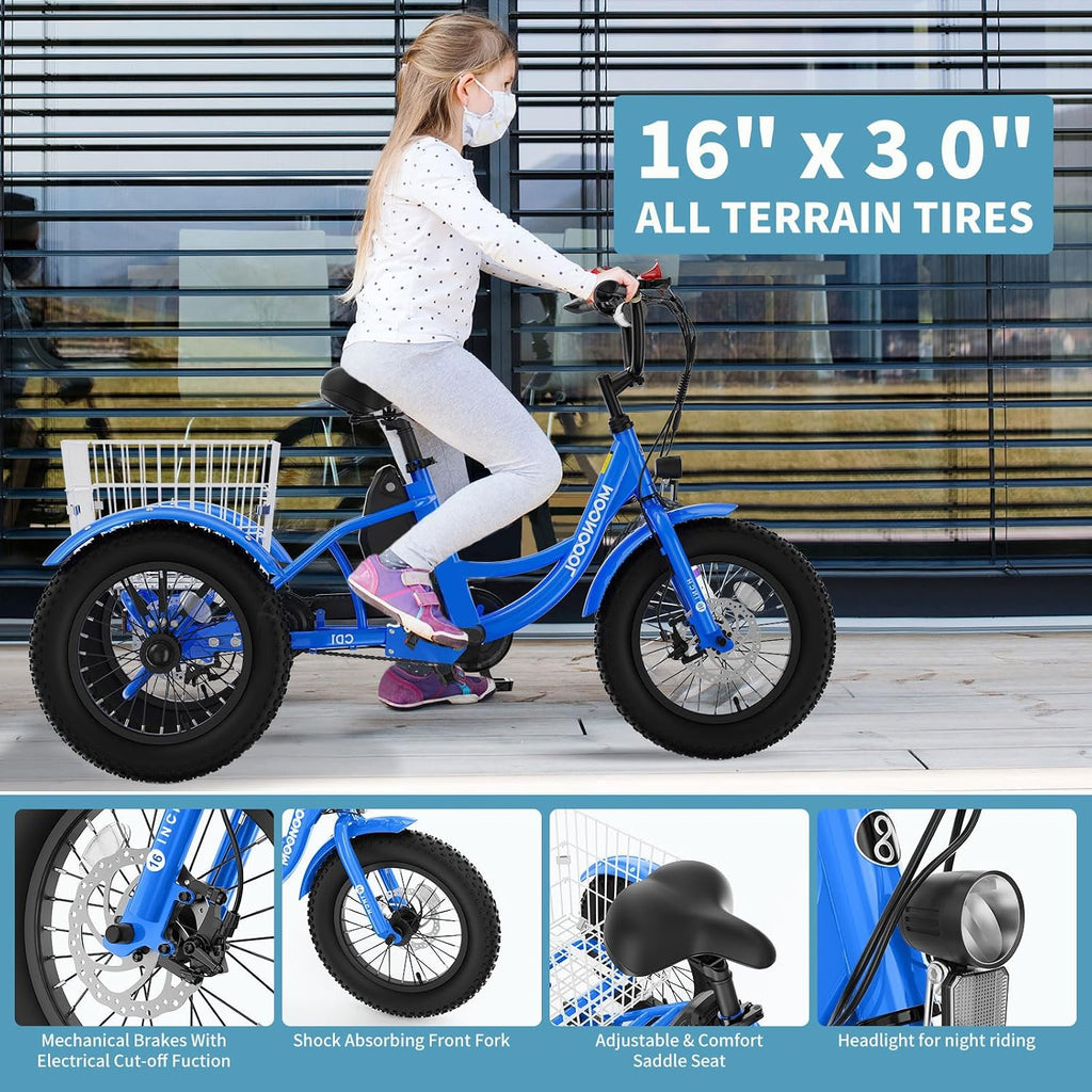 16 Inch Kids Electric Tricycle, 250W 24V Fat Tire Electric Trike, 3 Wheels Electric Bike Cruiser Bicycle, Aluminum Frame Motored Trike with Adjustable Seat and Removable Battery, Blue
