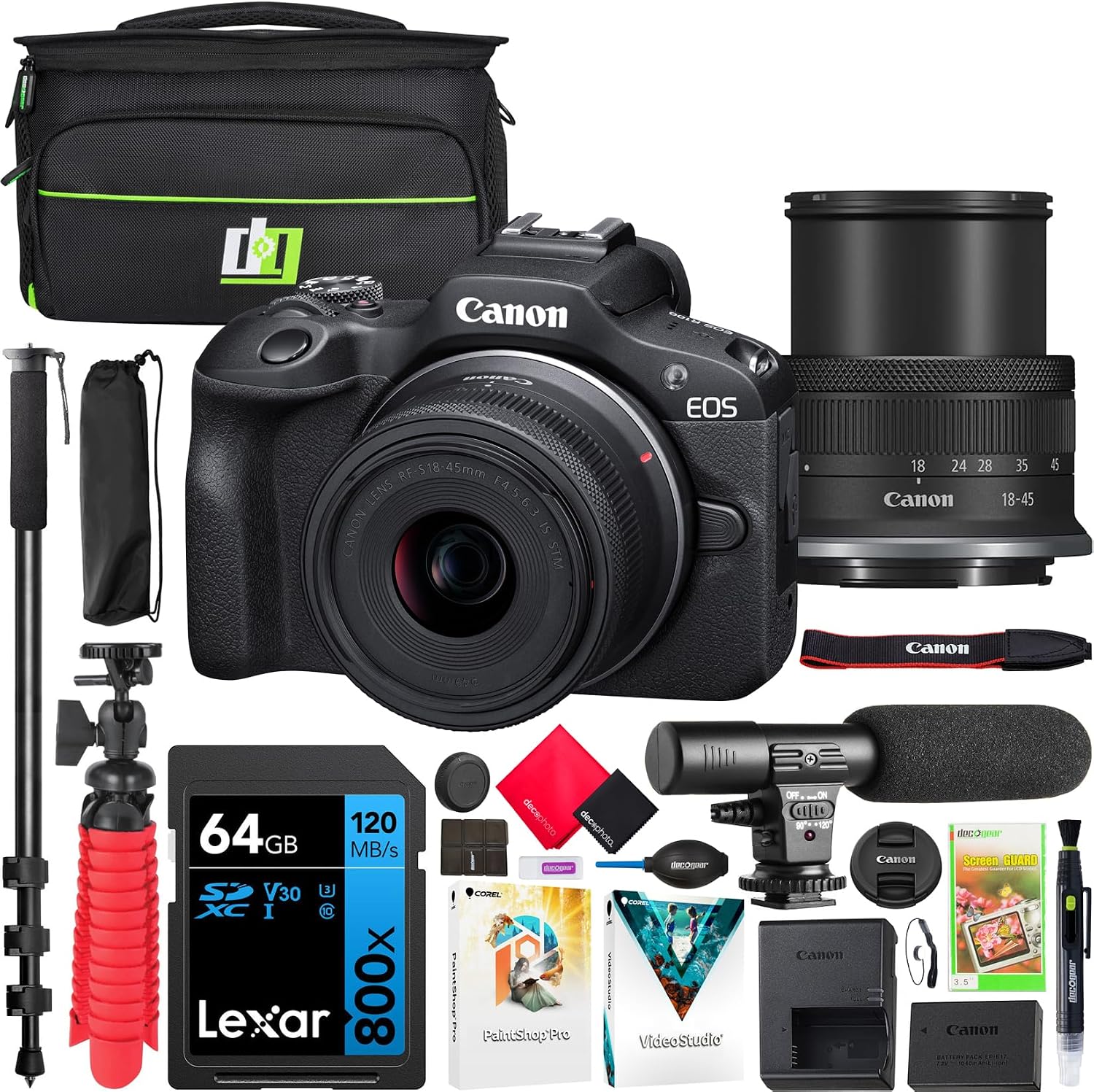 Canon EOS R100 Mirrorless Camera Body with RF-S 18-45mm F4.5-6.3 is STM Lens Bundle with Deco Gear Photography Bag + Microphone + Monopod + Software & Accessories Kit