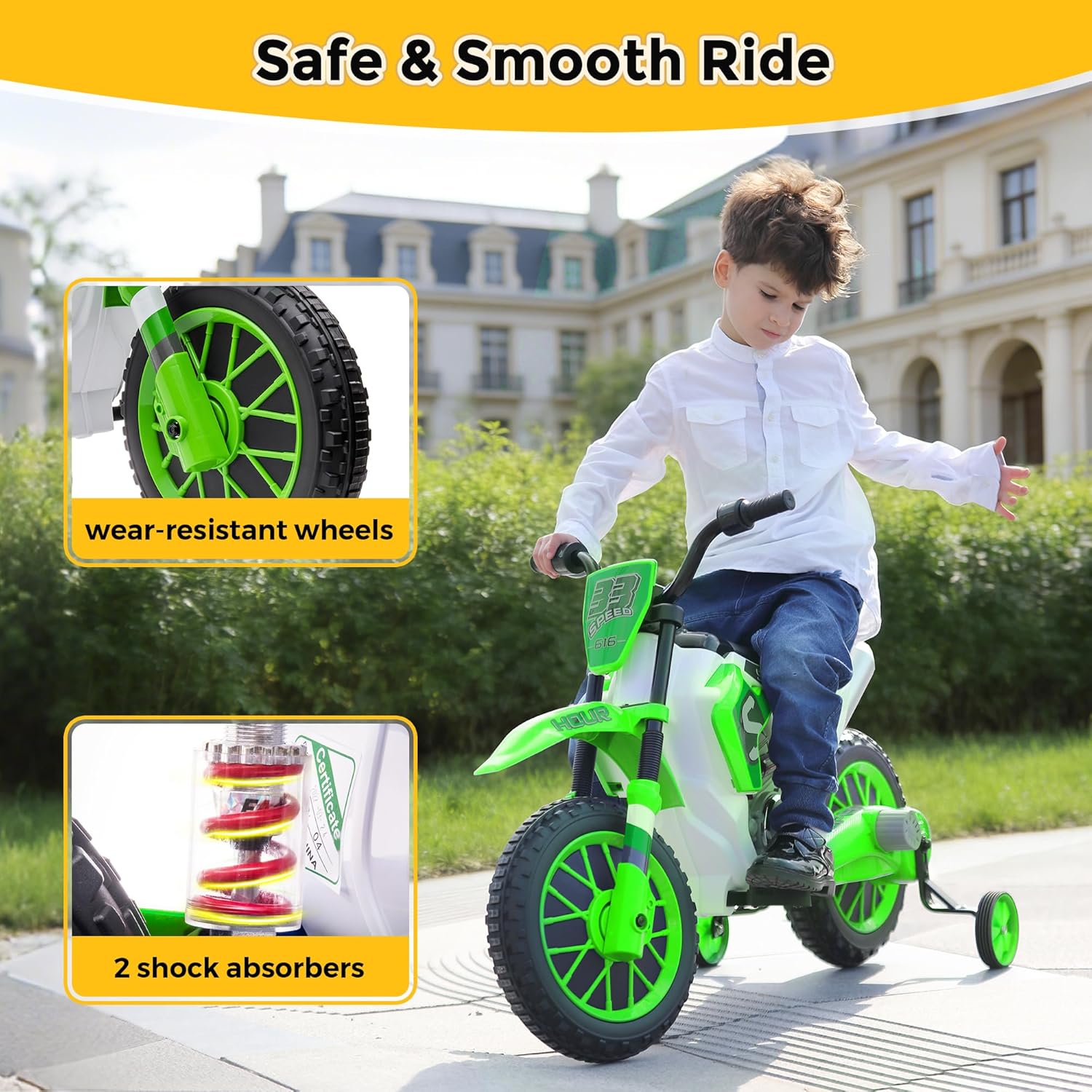 TOBBI Electric Motorcycle for Kids 12V Dirt Bike Ride on Toy Battery Powered Motorbike Off-Road Motocross Kid Motorized Vehicles w/ 2 Speeds, 35W Dual Motors, Training Wheels, Green