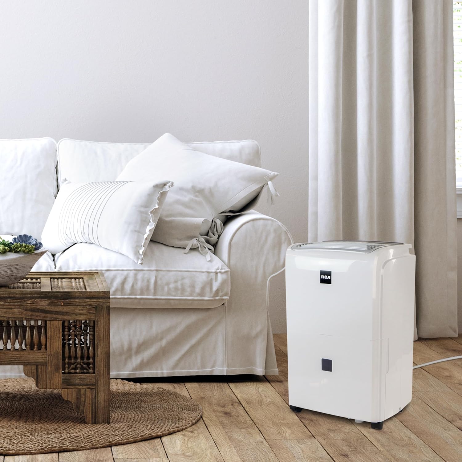 RCA 20-Pint Portable Dehumidifier with Auto-Shutoff & Timer, Home Dehumidifier and Moisture Absorber For Basement, Garage, Living Room in White