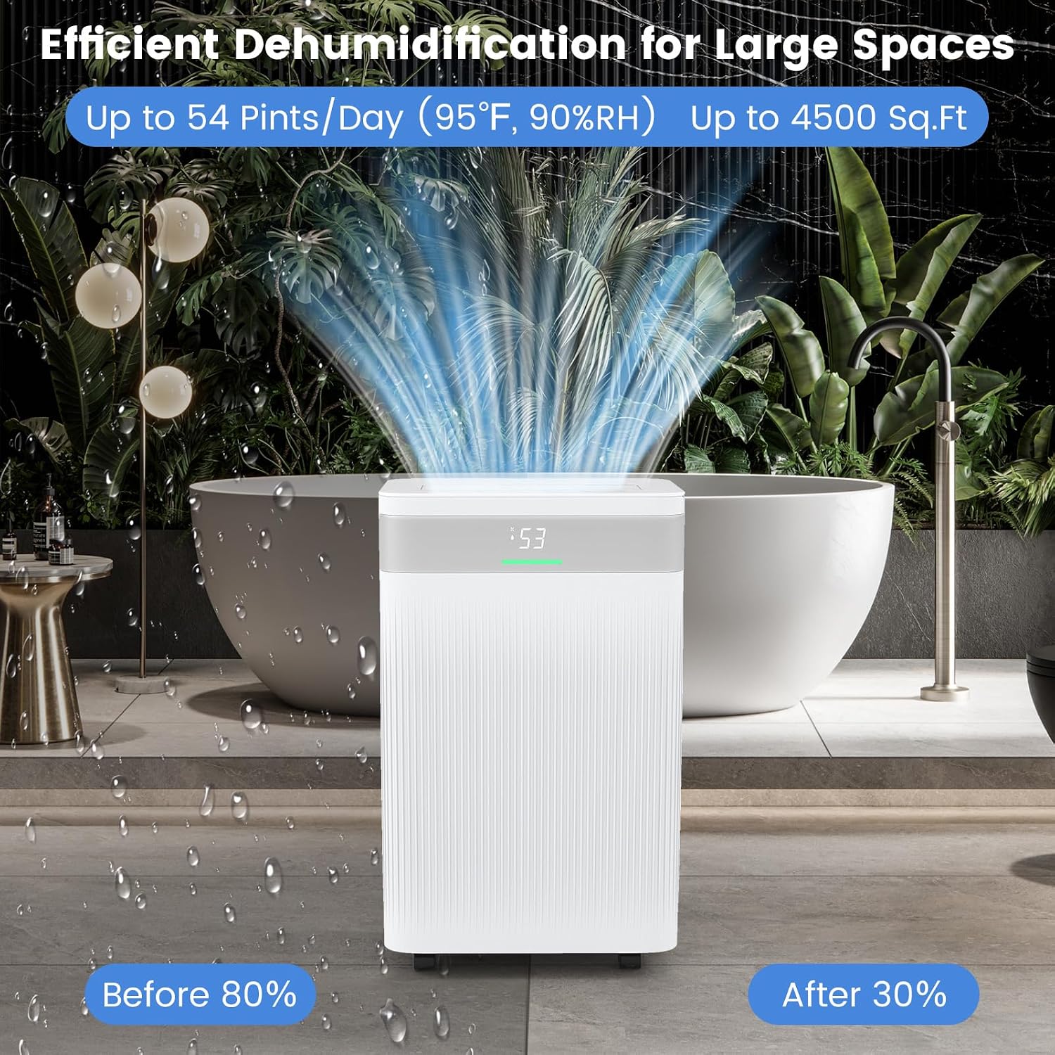 COSTWAY 54 Pints Dehumidifier for Basement, 4500 Sq.Ft Dehumidifier with 3 Modes, LED Display, 3-Color Indicator Light, 24H Timer, Child Lock, Drain Hose & Auto Defrost for Bathroom Bedroom