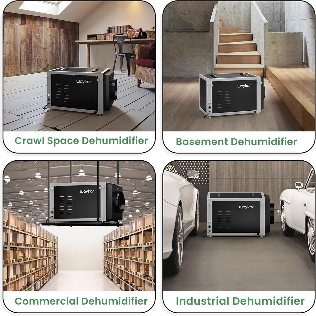 Waykar 158 Pints Crawl Space Dehumidifier with Remote Control up to 6,500 sq. ft., Dual Duct HVAC Commercial Whole-House Dehumidifier for Basement, Industry Water Damage Unit - 5-Year Quality Coverage