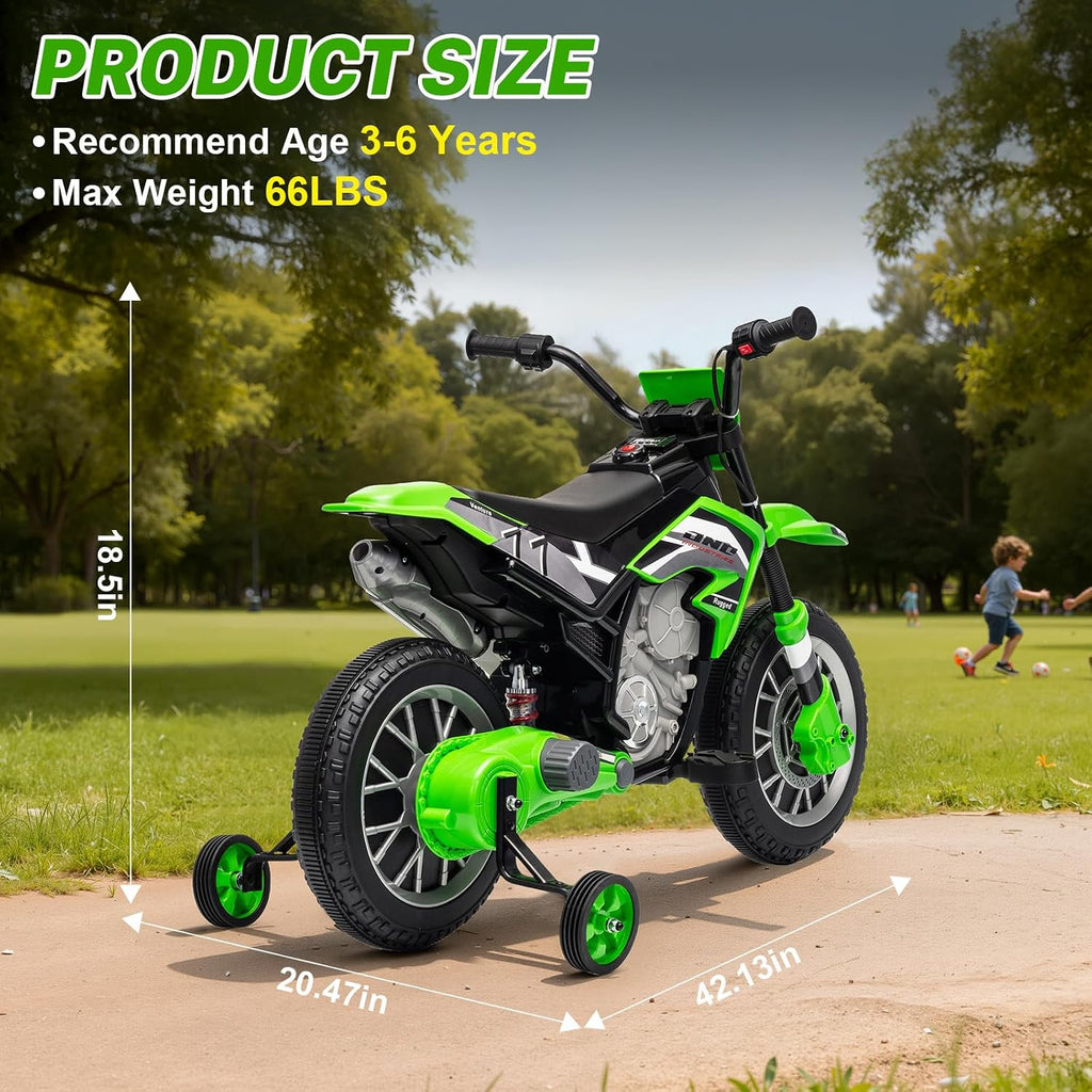 12V Kids Motorcycle w/Treaded Tires, 3.1mph Top Speed Electric Bike for Kids, Training Wheels, Music & Bluetooth, Spring Suspension, Age 3-8 Year Old, Green