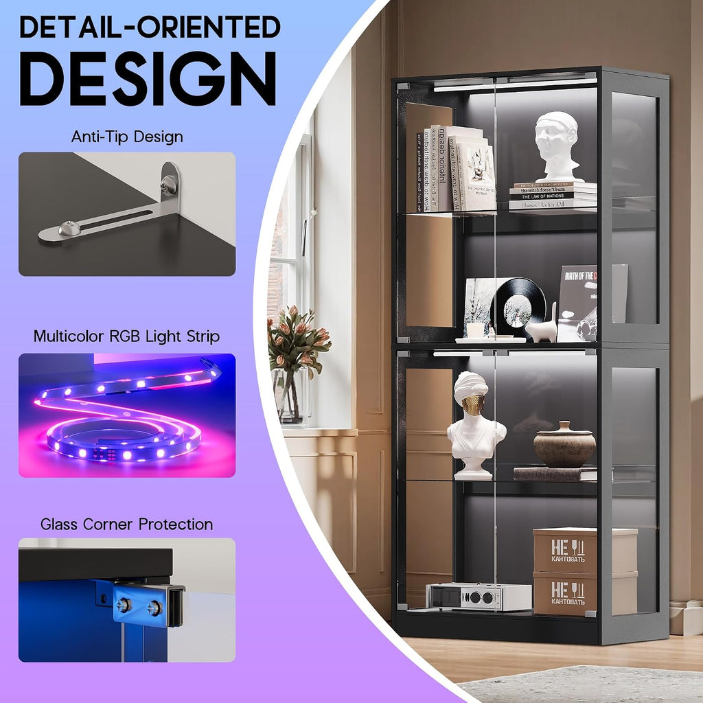 AMERLIFE RGB Display Cabinet with Adjustable Glass Shelves, 4-Tier Storage Case with LED Lights & Press-to-Open Doors, Modern Display Shelf for Collectibles, Black 70' H×32' L×16' D
