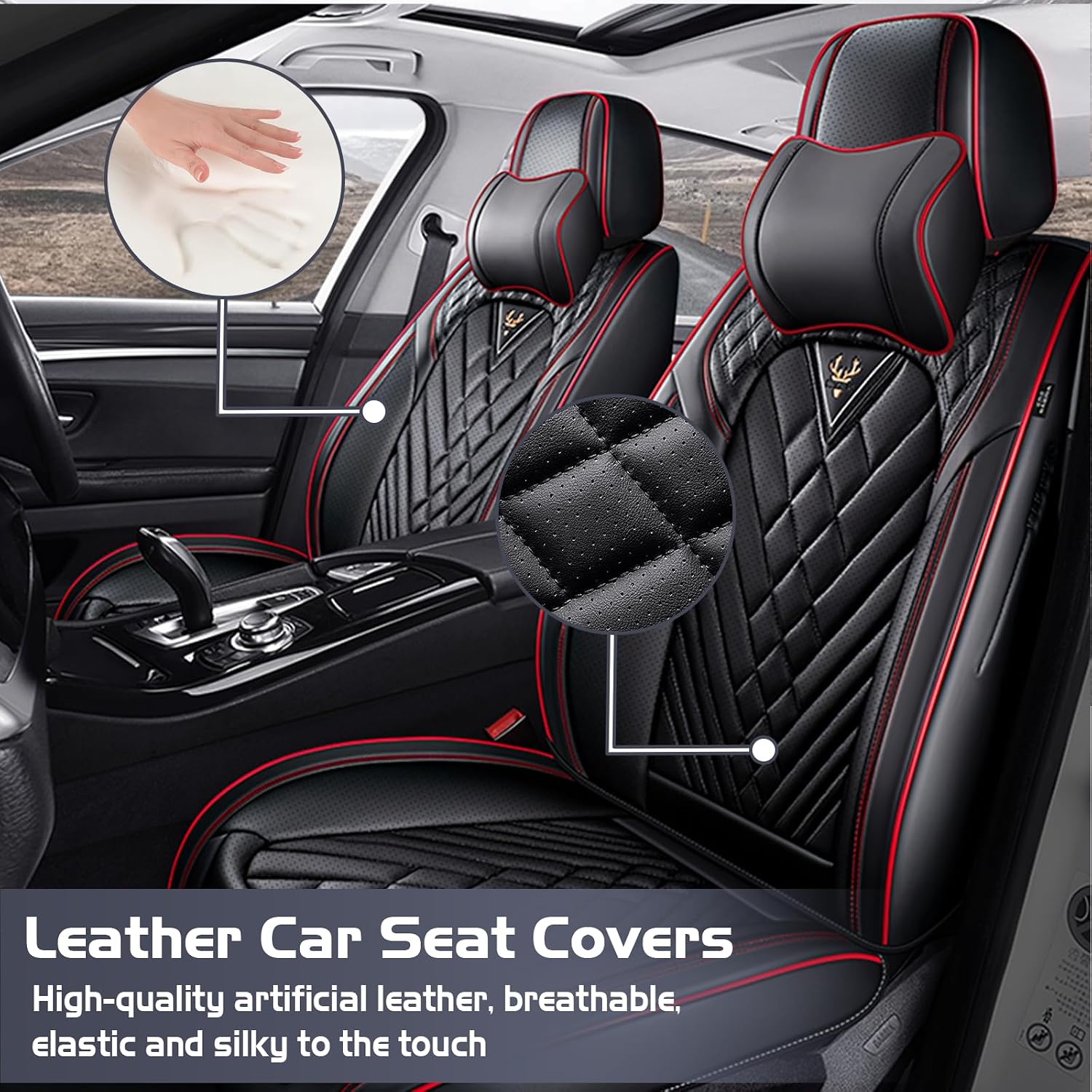 Car Seat Covers for Dodge Dakota 2000-2011, Waterproof Nappa Leather Full Set Seat Cover with Headrests, Anti-Slip and Comfortable Automotive Seat Protector&Accessories(Black Red)