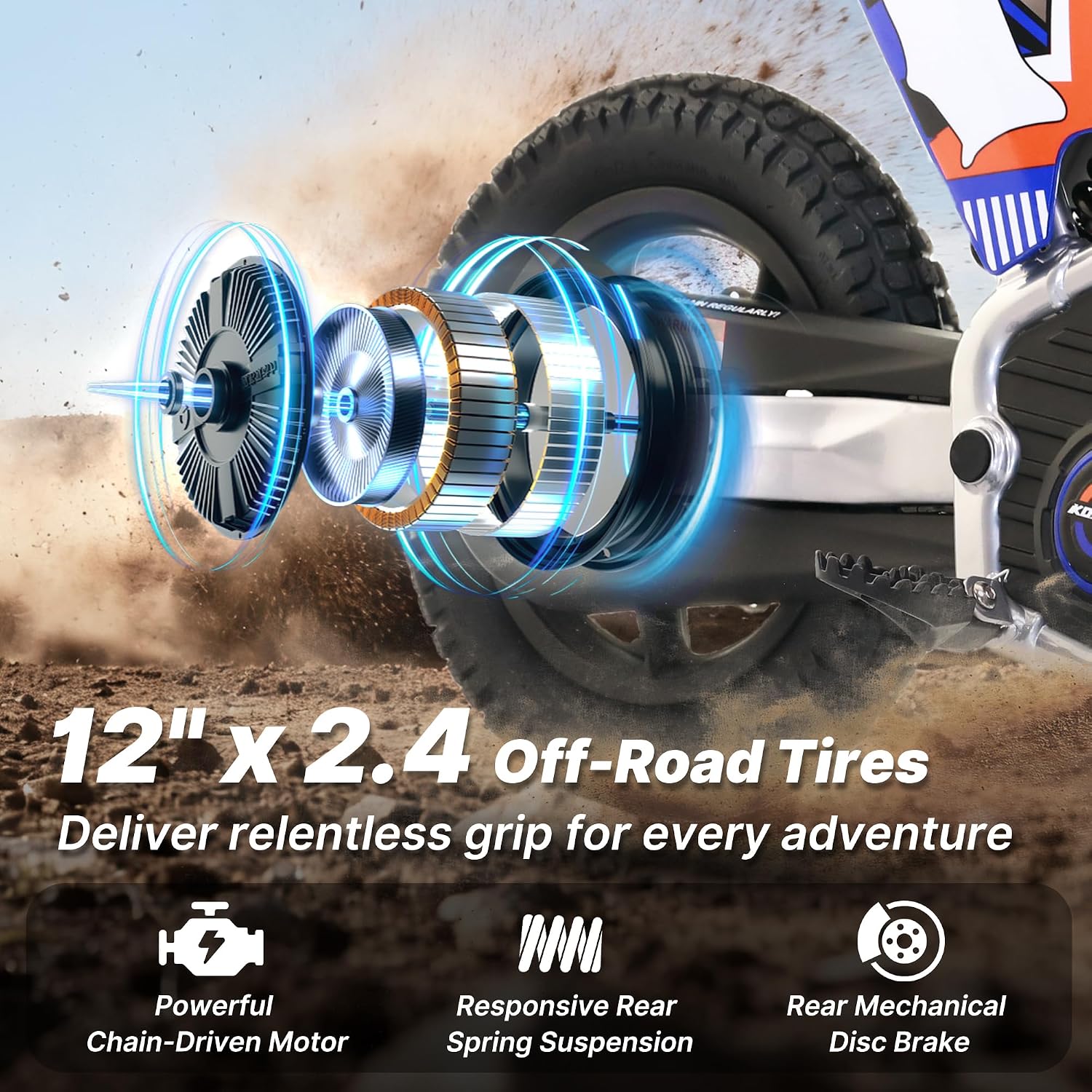 AIII Electric Dirt Bike for Kids 3-7, High Performance Racing Grade Motorcycle, Up to 8MPH, 2 Speed Settings, 12-Inch Off-Road Tires, Rear Disc Brakes & Advanced Shock Absorption, Blue