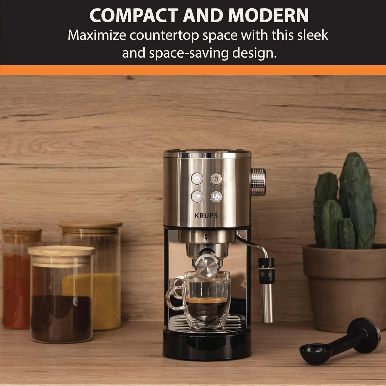 KRUPS Stainless Steel Espresso Machine: 15-Bar Pump Pressure, Milk Frother for Cappuccino and Latte, Fast Pre-Heat, 2-Cup Capacity, Cup Warmer, Easy Cleaning, 1350W, Silver