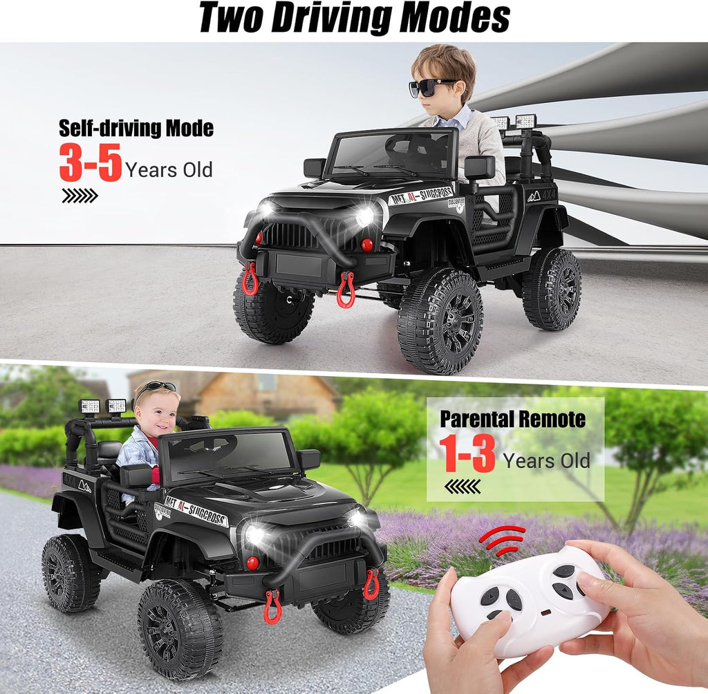 Hikole 24V Ride on Car w/Remote Control, Battery Operated Vehicles for Boys&Girls, Upgraded 2×200W Motors,Off-Road Power Wheels Truck, LED Lights, 3 Speeds, Gift, Black-24V-1 Seater
