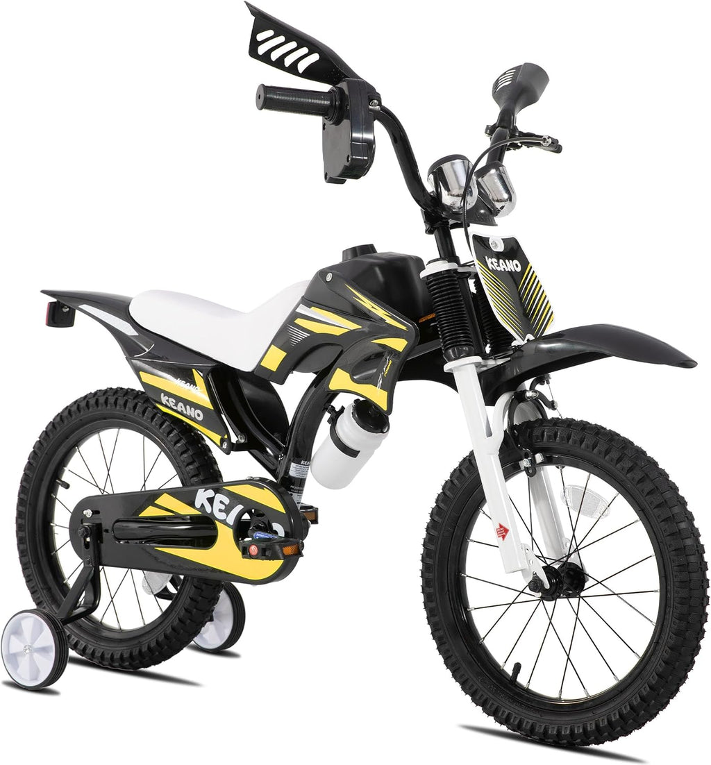 KEANO Motocross Style Kids Bike for Boys Girls Ages 3-7 Years, 12 & 16 Inch Bikes with Training Wheels and Number Plate, Children Bicycles Black