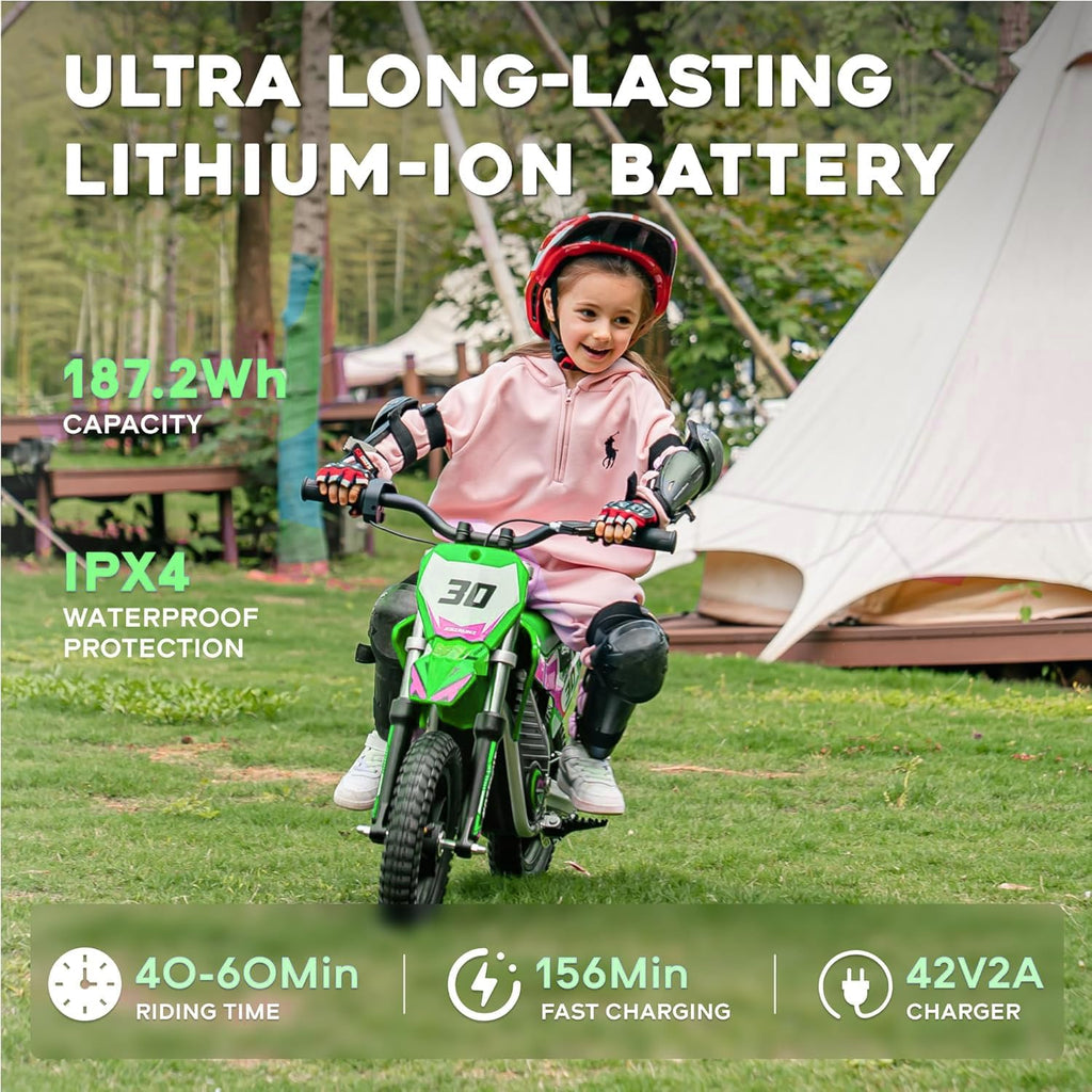 AIII 36V Electric Dirt Bike for Kids 3-8, High Performance 250W Racing Grade Motorcycle, Up to 15.5MPH, 3 Speed Settings, 12-Inch Off-Road Tires, Rear Disc Brakes & Advanced Shock Absorption, Green