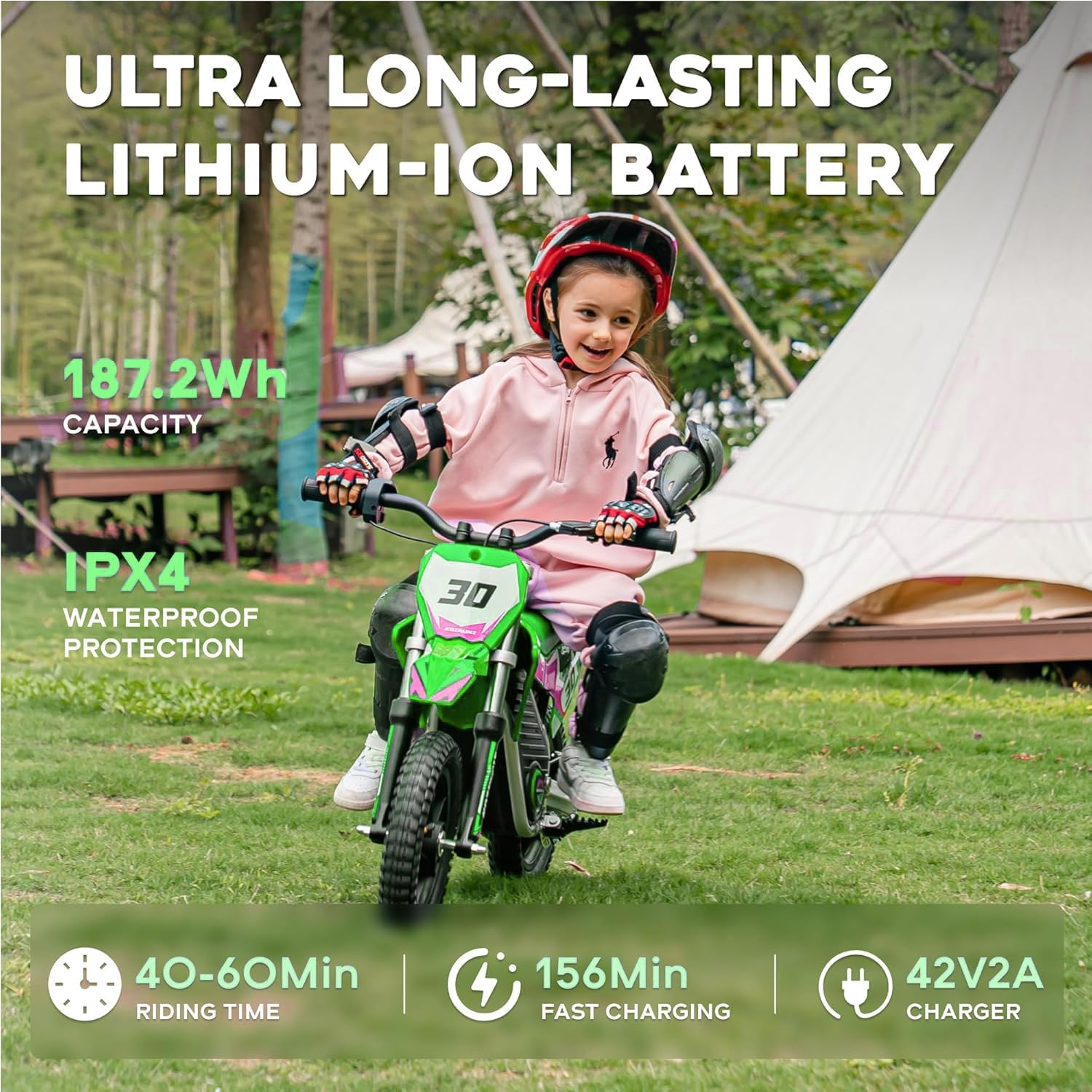 AIII 36V Electric Dirt Bike for Kids 3-8, High Performance 250W Racing Grade Motorcycle, Up to 15.5MPH, 3 Speed Settings, 12-Inch Off-Road Tires, Rear Disc Brakes & Advanced Shock Absorption, Green