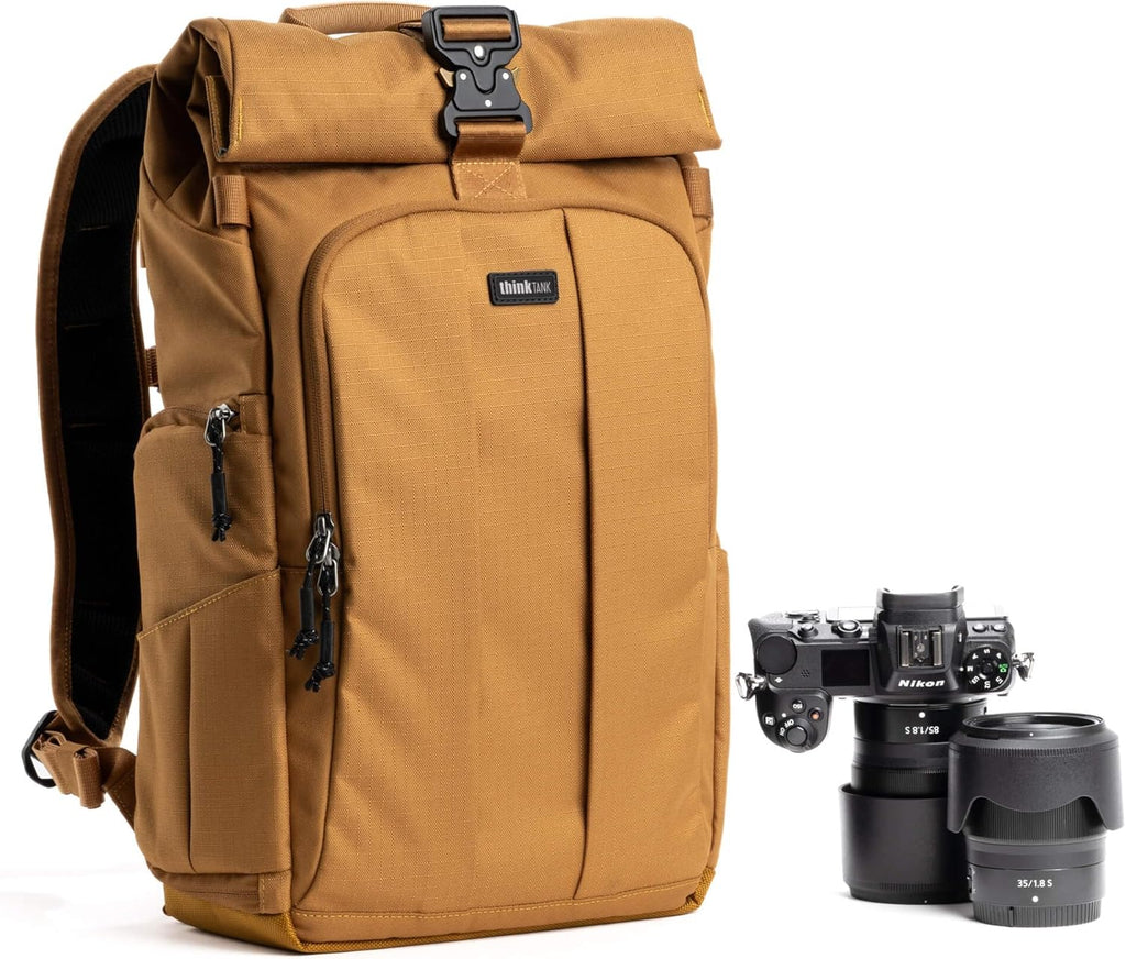 Think Tank FocusPoint 22L RollTop Camera Backpack - Golden Hour: Expandable Travel & Camera Backpack with Laptop Sleeve, Quick Side and Back Access, Rain Cover – Versatile Photography & Travel Bag