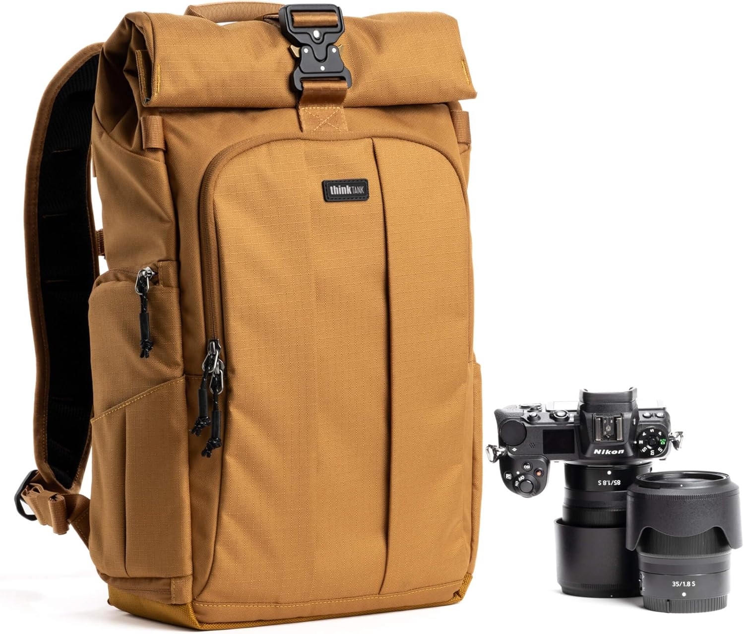 Think Tank FocusPoint 22L RollTop Camera Backpack - Golden Hour: Expandable Travel & Camera Backpack with Laptop Sleeve, Quick Side and Back Access, Rain Cover – Versatile Photography & Travel Bag