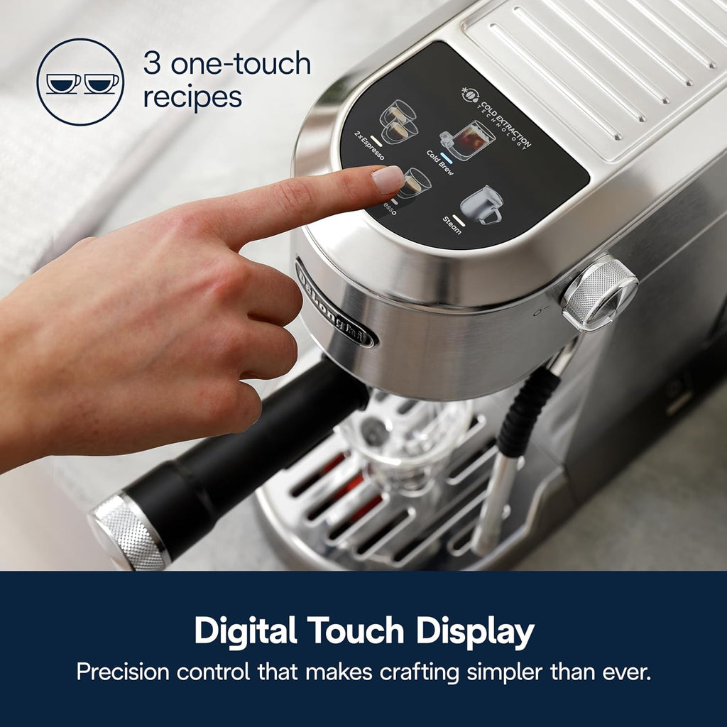 De'Longhi Dedica Duo Compact Espresso Machine - Cold Brew Coffee Maker with Milk Frother Wand- for Espresso, Hot & Iced Coffee, Cappuccinos, Lattes & Home Barista Brewing, Stainless Steel Finish