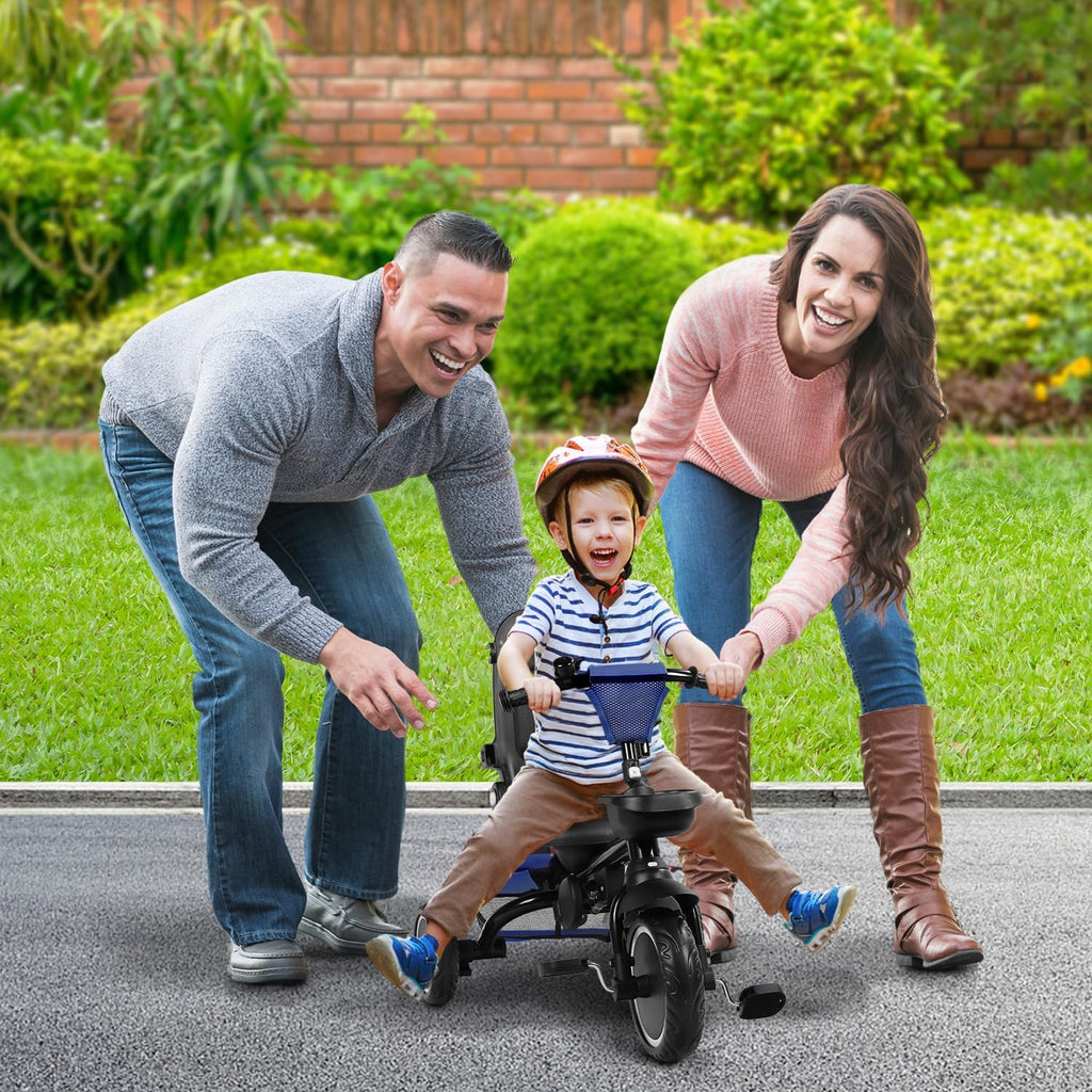 TODEFULL Folding Kids Tricycle, 8 in 1 Toddler Trike W/Removable & Adjustable Canopy, Parent Handle, 5-Piont Harness, Toddler Bike Tricycle for Kids 1-6 Years, EVA Wheels, Storage Basket, Blue