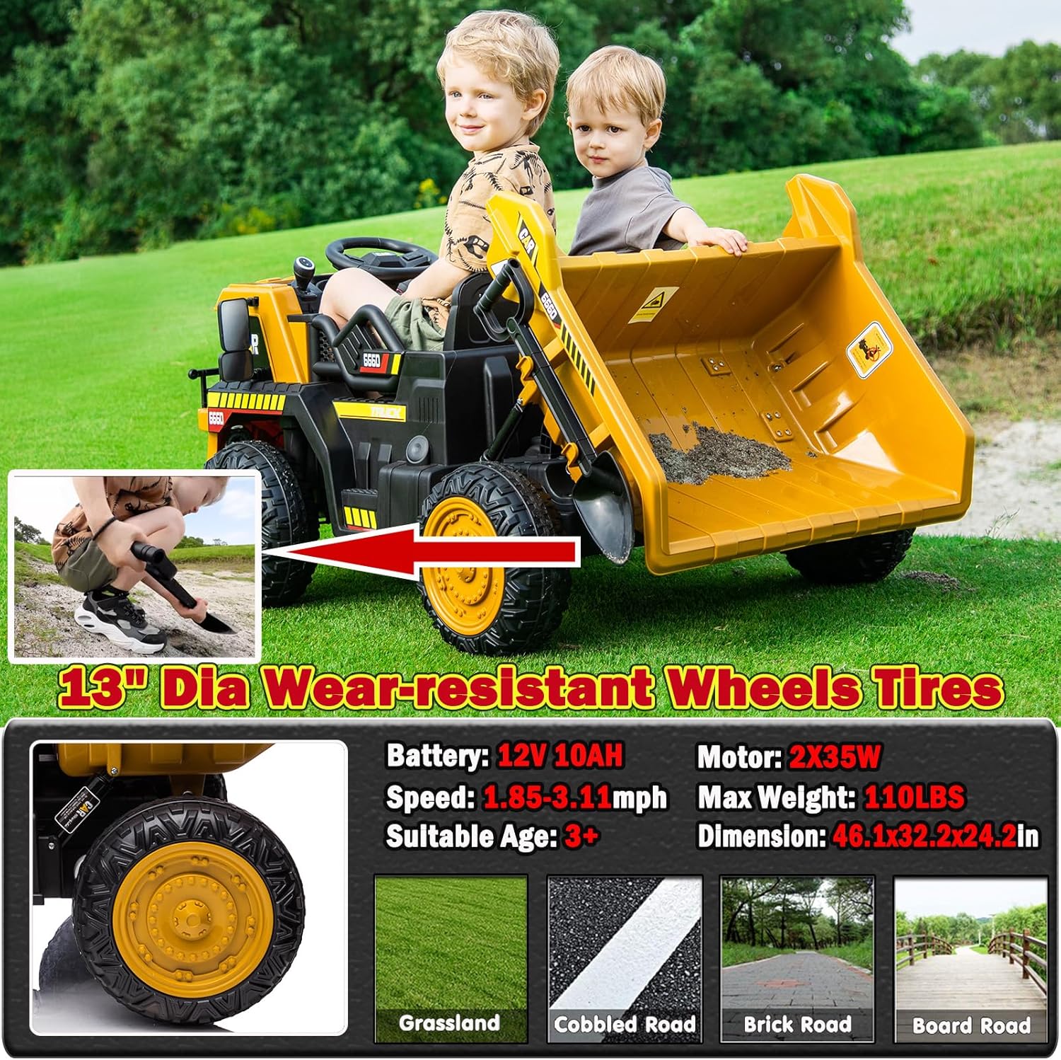 NEWQIDA Ride on Dump Truck, 12V Kids Electric Car with Remote Control for Toddlers Ride on Construction Vehicles with Electric Dump Bed/Shovel, 19' Spacious Seat, Soft Start, Music, Bluetooth, Yellow