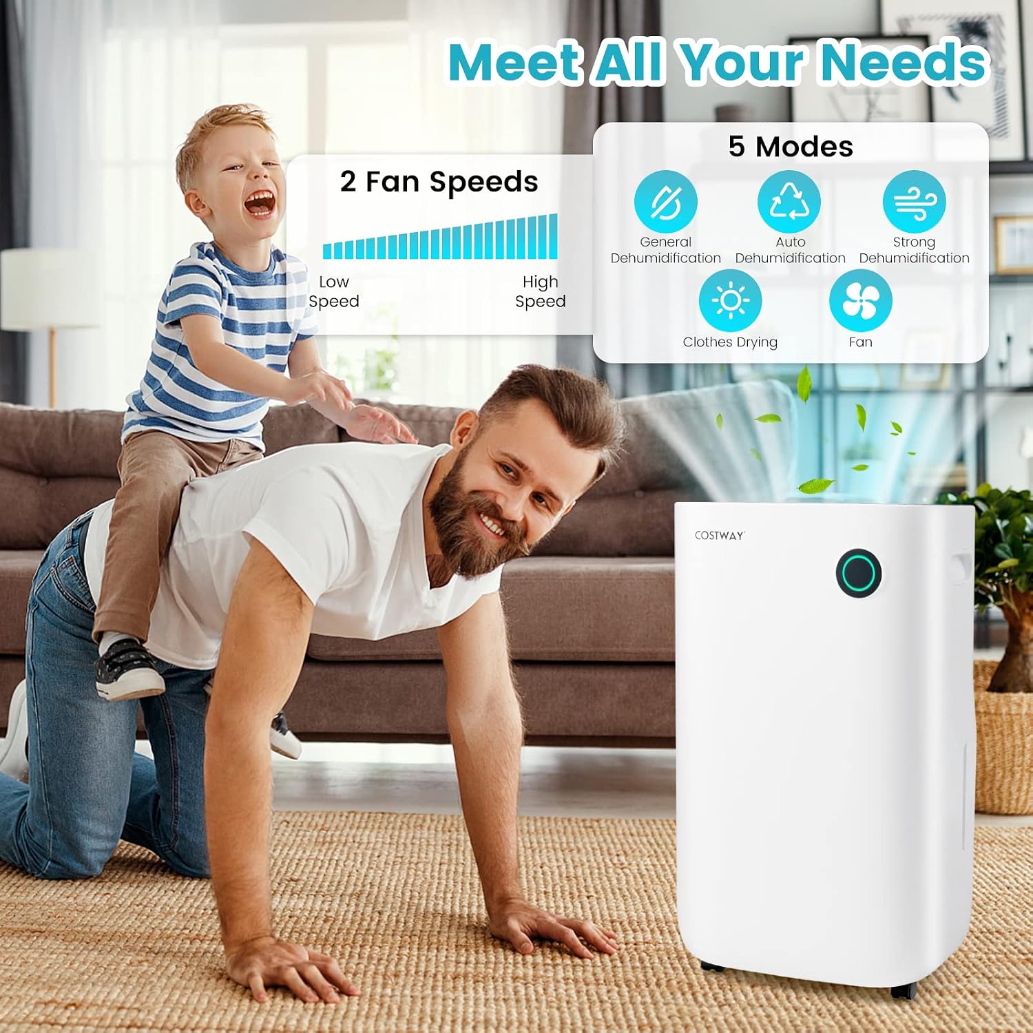 COSTWAY 73 Pint Dehumidifier for Basement, 4500 Sq. Ft Home Dehumidifier with 5 Modes, 3-Color Indicator Light, 1.7 Gallon Water Tank