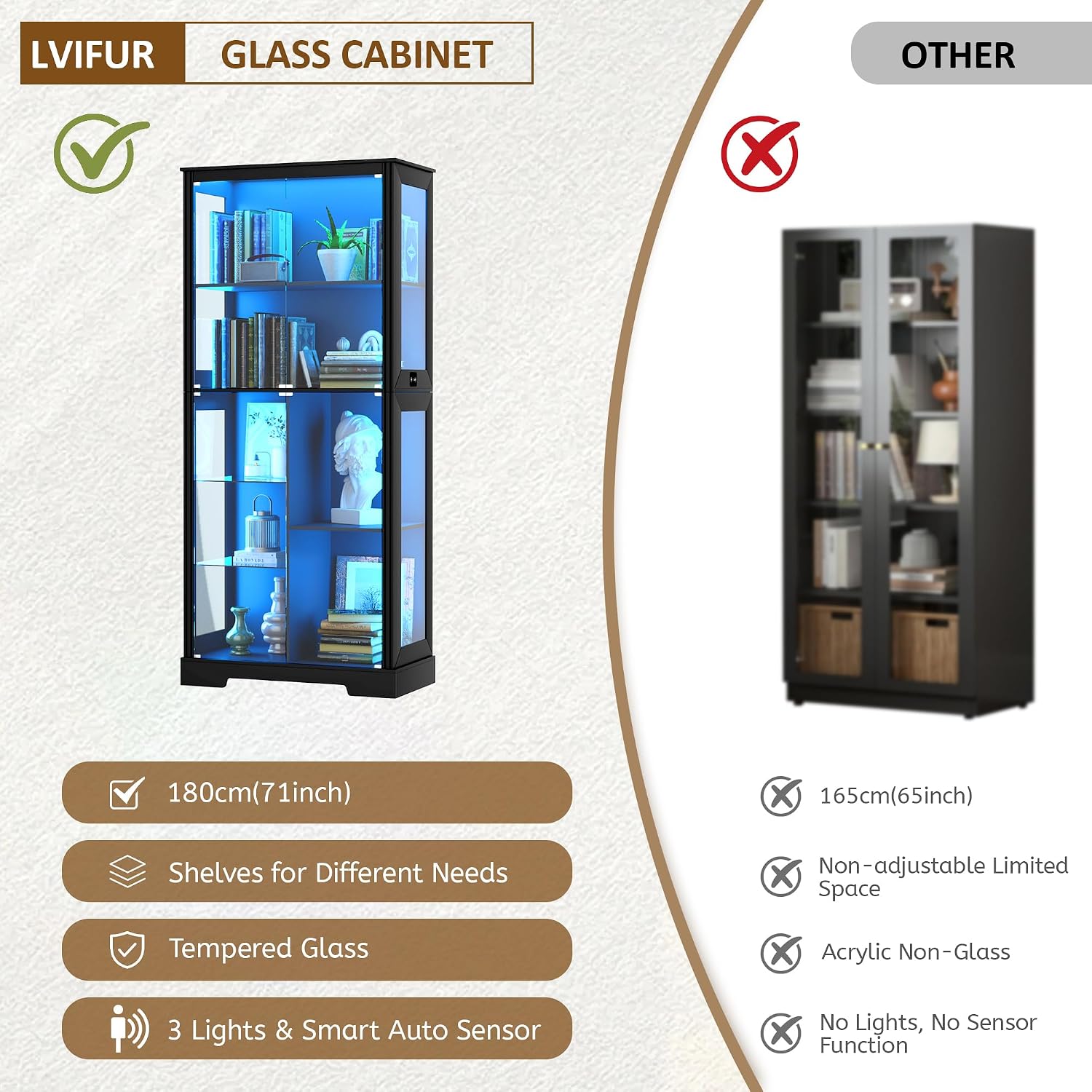 Lvifur 71' Display Cabinet with Glass Doors, Modern Curio Cabinet with 3 Color Lights, 7-Tiers Glass Display Cases for Collectibles, Tall Lego Storage Cabinet with Human Body Sensor (Black)