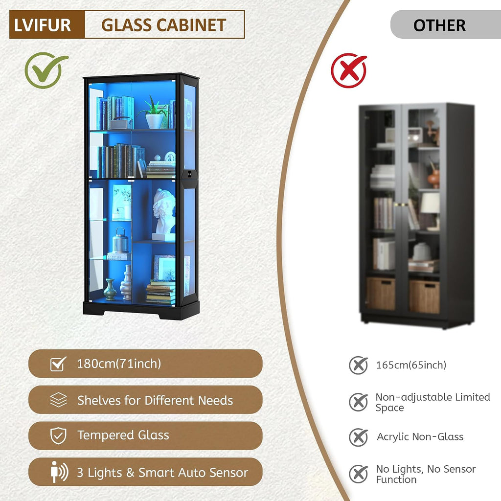 Lvifur 71' Display Cabinet with Glass Doors, LED Curio Cabinet with 3 Lights for Living Room, Modern 7-Tier Glass Display Case for Collectibles, Tall Storage Cabinet with Human Body Sensor, Black