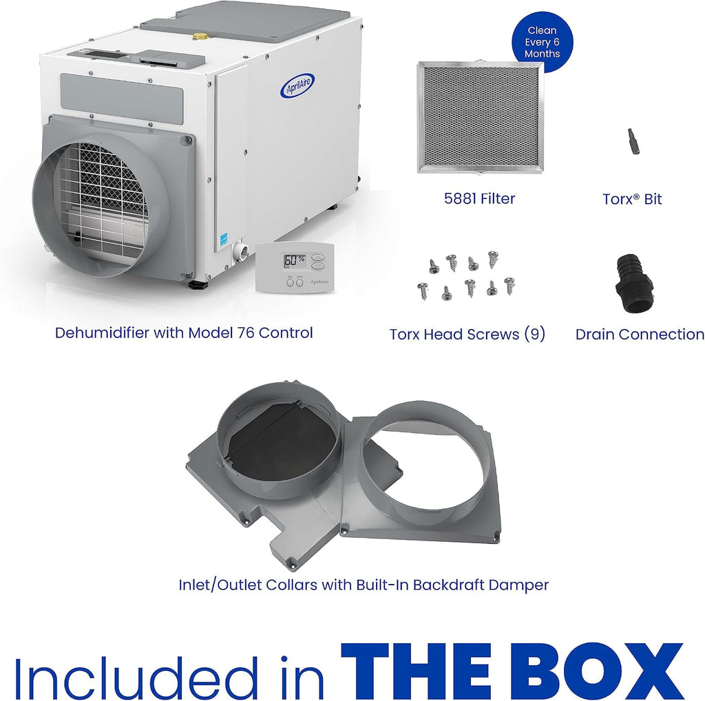 AprilAire E100 Pro 100-Pint Whole-House Dehumidifier + Model 76 Wall Mount Control, Commercial-Grade Dehumidifier for Basement, Crawlspace, or Whole House up to 5,500 sq. ft.