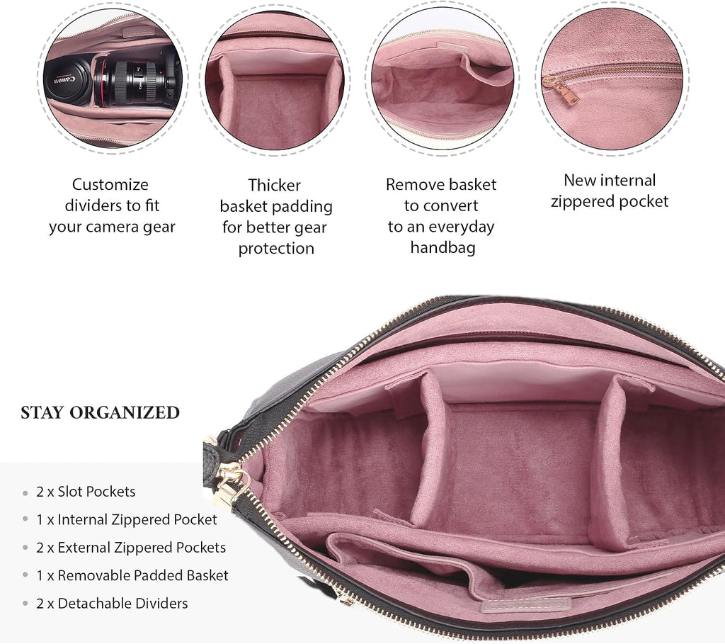 Meliae Camera Bag for Women, DSLR Mirrorless Camera Purse, Leather Shoulder Crossbody Hobo Travel Tote