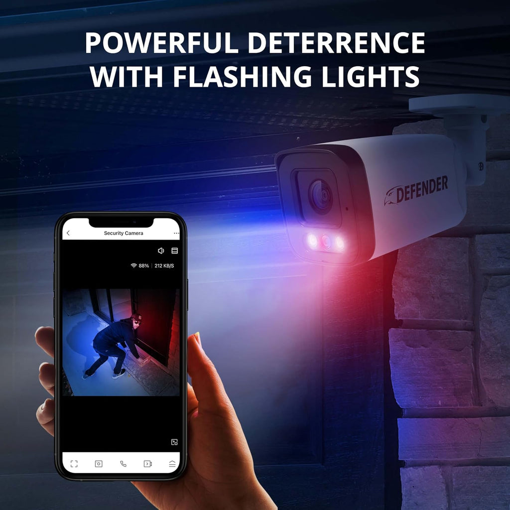 Defender AI Powered Sentinel 4K 8CH PoeE Security Camera System, 4pcs NVR Metal Outdoor Surveillance Cameras, 1TB HDD, SMART AI Human Detection, Blue/Red Lights, Works w/Empower App