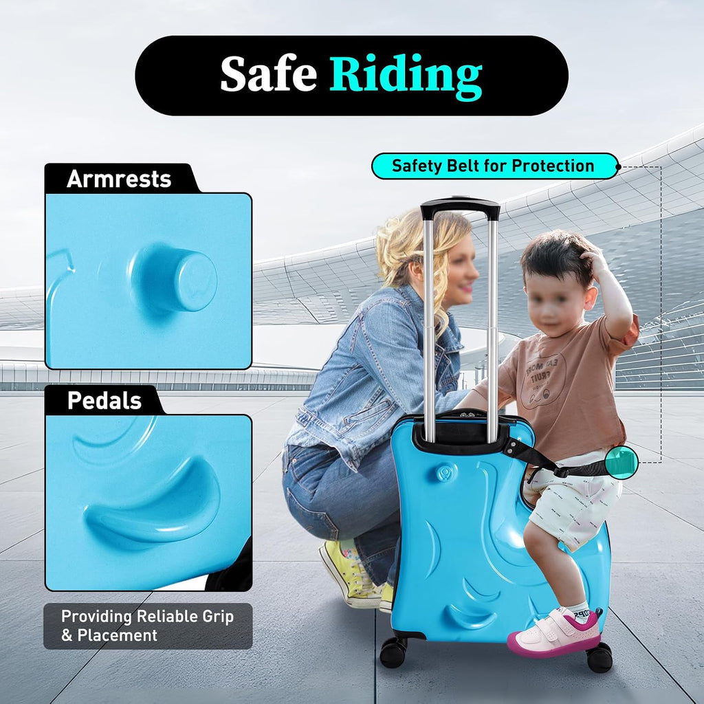 20' Ride on Suitcase for Kids, Carry on Trolley Suitcase with Double-row Universal Wheels Travel Riding Luggage with Password Lock/Safety Belt/Telescoping Handle, Blue