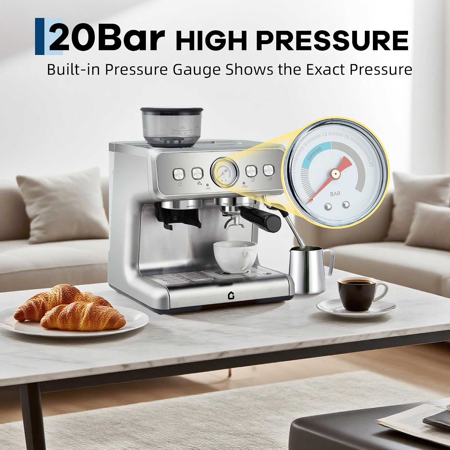 Garvee Stainless Steel Espresso Machine with Grinder & 20 Bar Pressure, 2.8L Removable Water Tank, Milk Frother Steam Wand for Latte/Cappuccino - Adjustable Shot Volume, Professional Home/Office Use