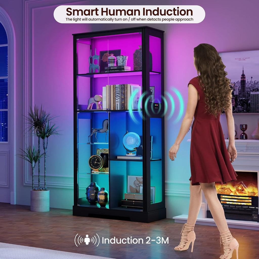 71' Glass Display Cabinet with RGB Light - Curio Cabinet with Glass Doors for Collectibles, 7-Tiers Tall Display Case with Human Sensor, Showcase with Removable Shelves for Figures, Lego (Black)