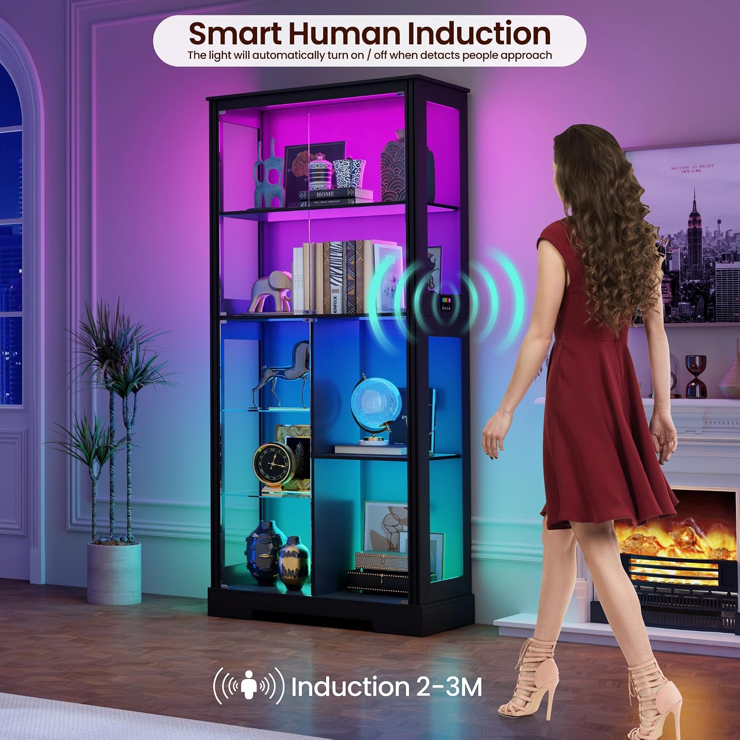 71' Glass Display Cabinet with RGB Light - Curio Cabinet with Glass Doors for Collectibles, 7-Tiers Tall Display Case with Human Sensor, Showcase with Removable Shelves for Figures, Lego (Black)