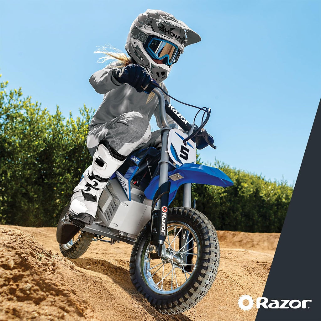 Razor MX350 Dirt Rocket Electric Bike for Kids Ages 8+, 140 lb Max Weight, Blue – 24V Battery, Up to 14 Mph, 30-Min Ride Time on High Speed, Twist-Grip Throttle, Spoked Wheels w/ 12' Pneumatic Tires